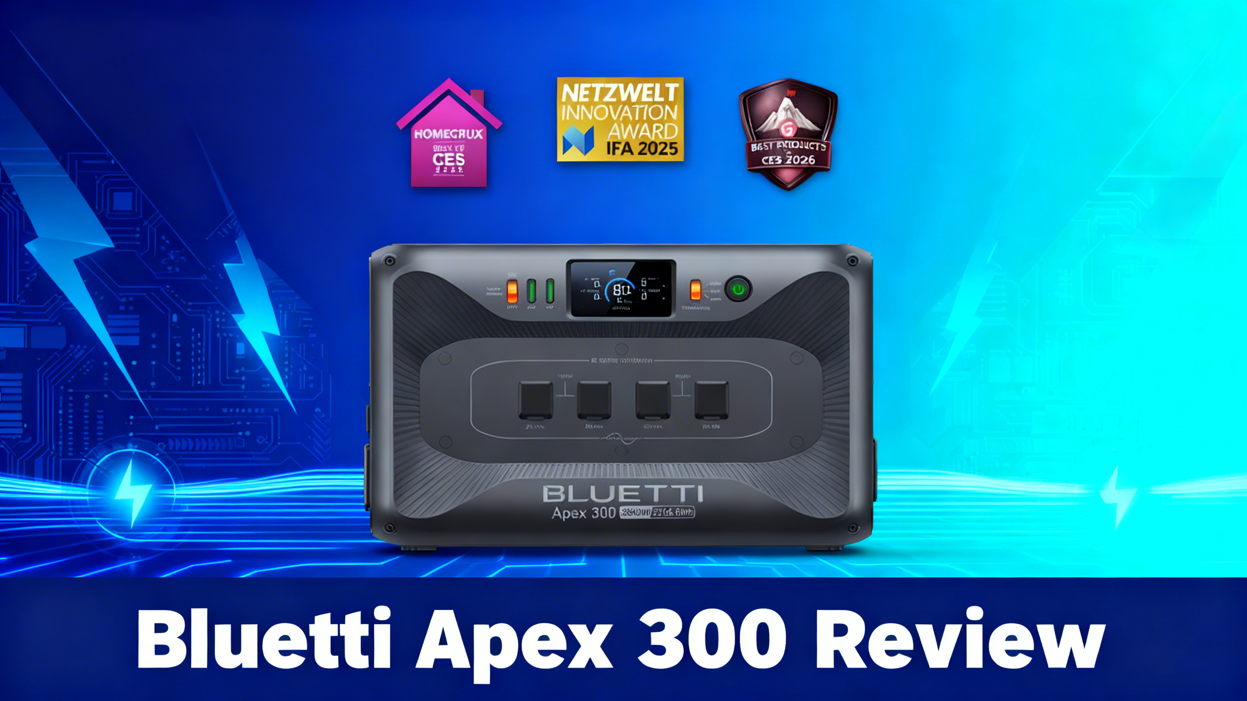 Premium tech editorial illustration of Bluetti Apex 300 modular power station on deep navy blue and electric cyan gradient background