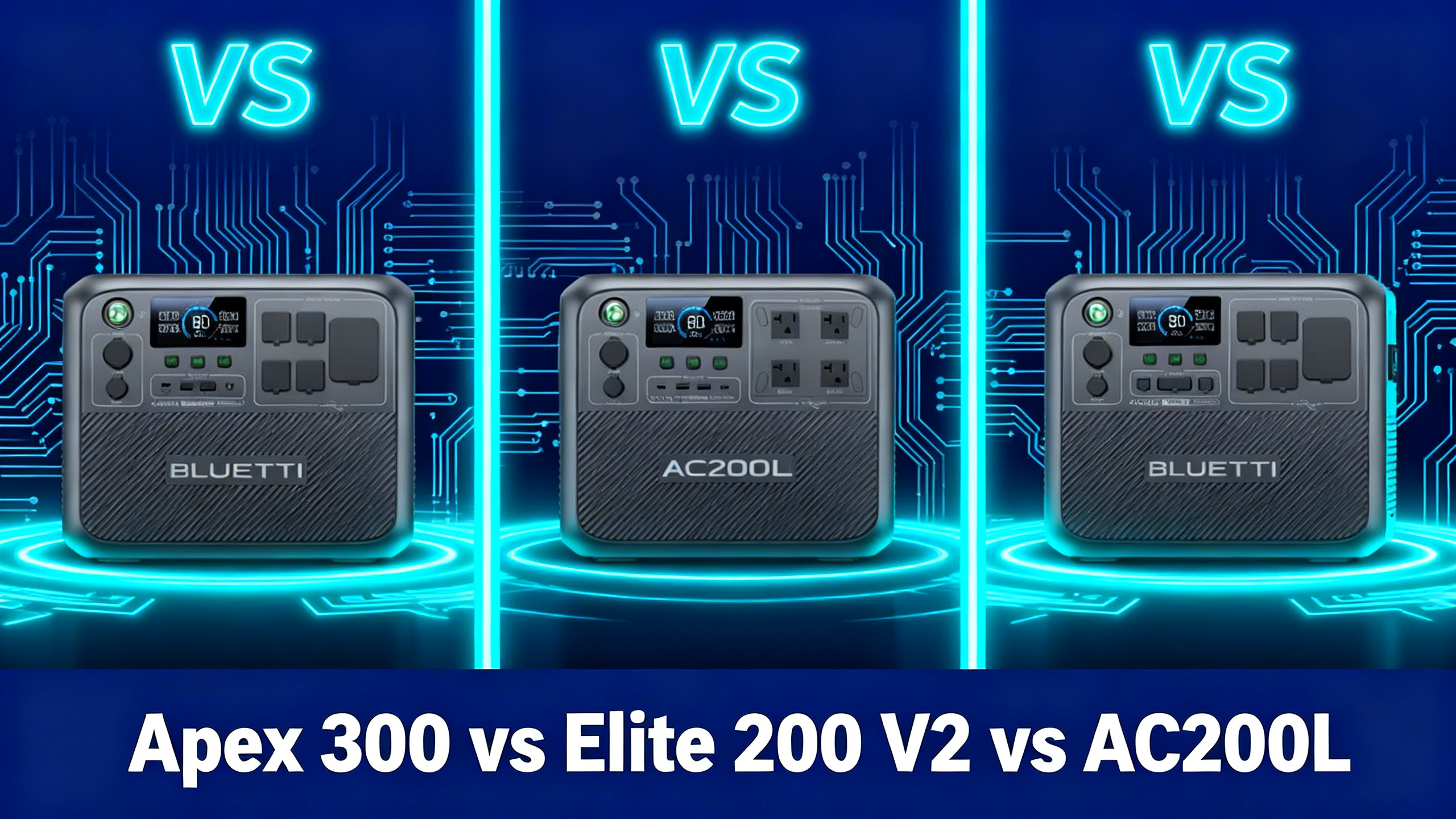 Three-way illustration comparing Bluetti Apex 300 Elite 200 V2 and AC200L power stations on navy blue and cyan circuit background