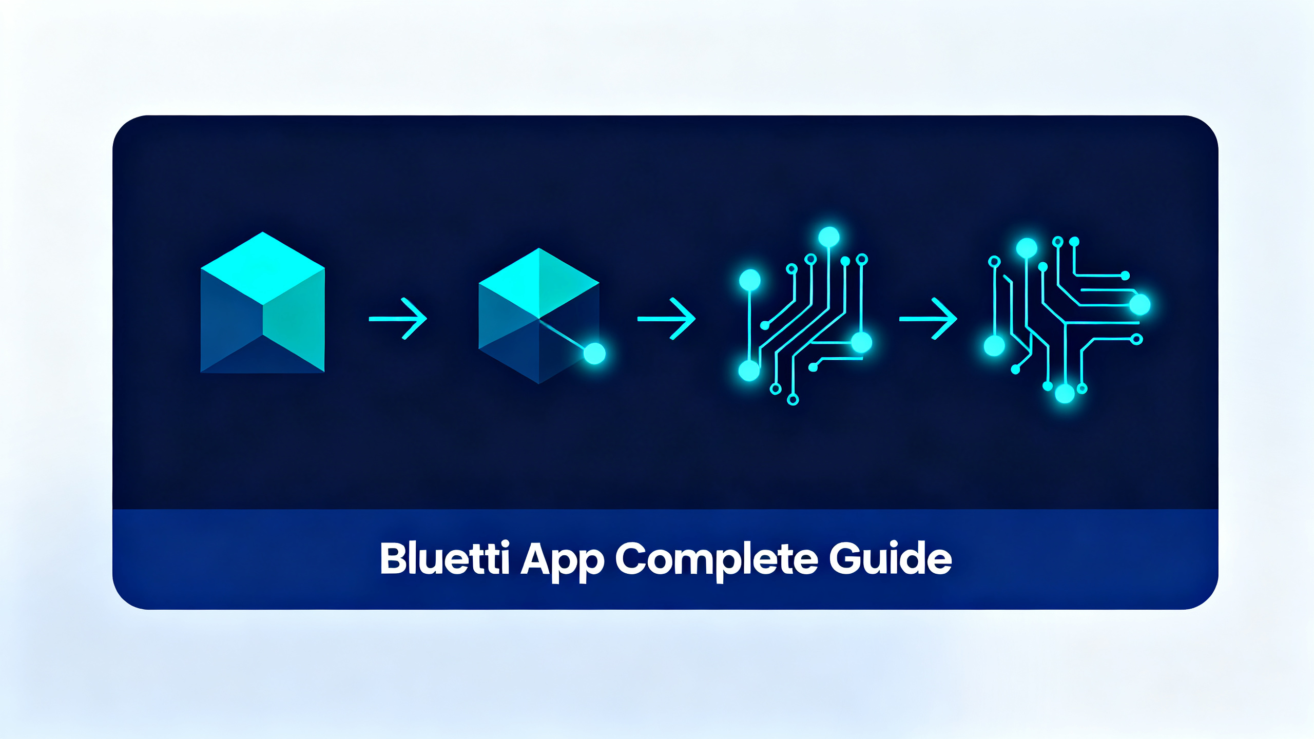 BLUETTI mobile app guide hero image with navy blue infographic design, circuit patterns and electric cyan accents