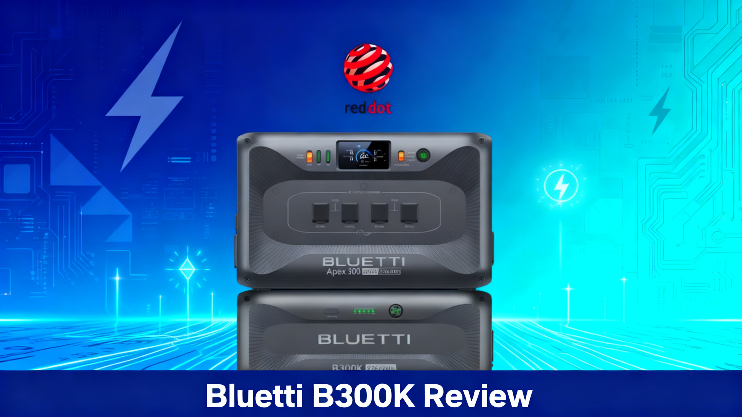 BLUETTI B300K expansion battery review hero image with navy blue to electric cyan gradient and premium tech design