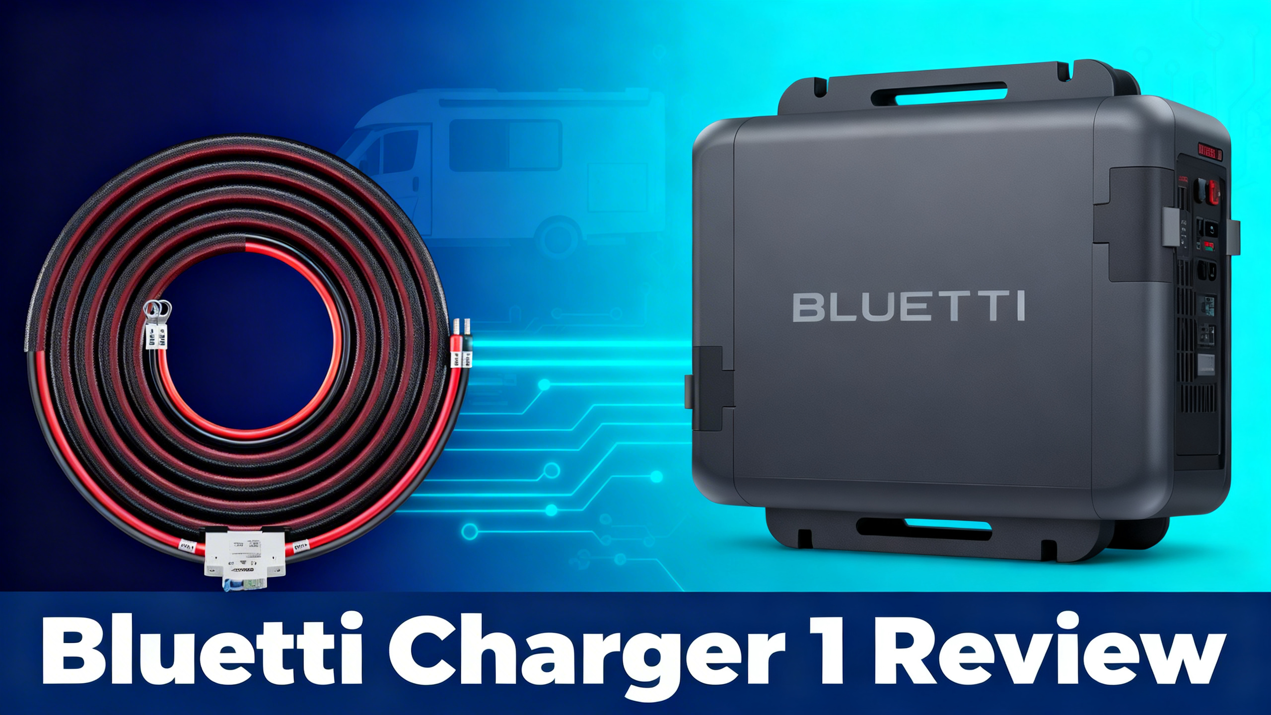 Editorial illustration with photorealistic Bluetti Charger 1 alternator charger on navy blue and electric cyan gradient background