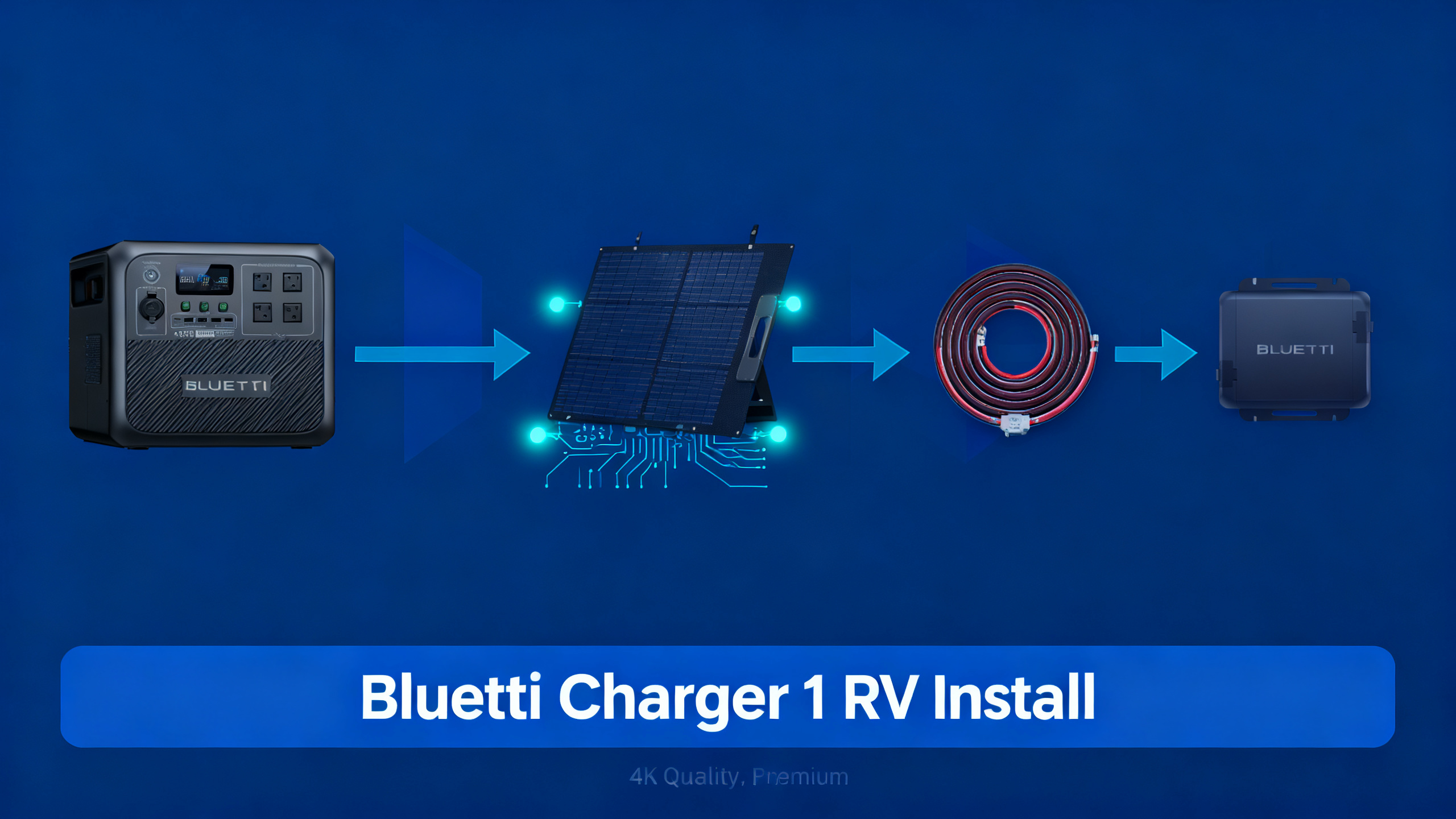 BLUETTI Charger 1 RV and van installation guide hero image with navy blue infographic style and circuit patterns