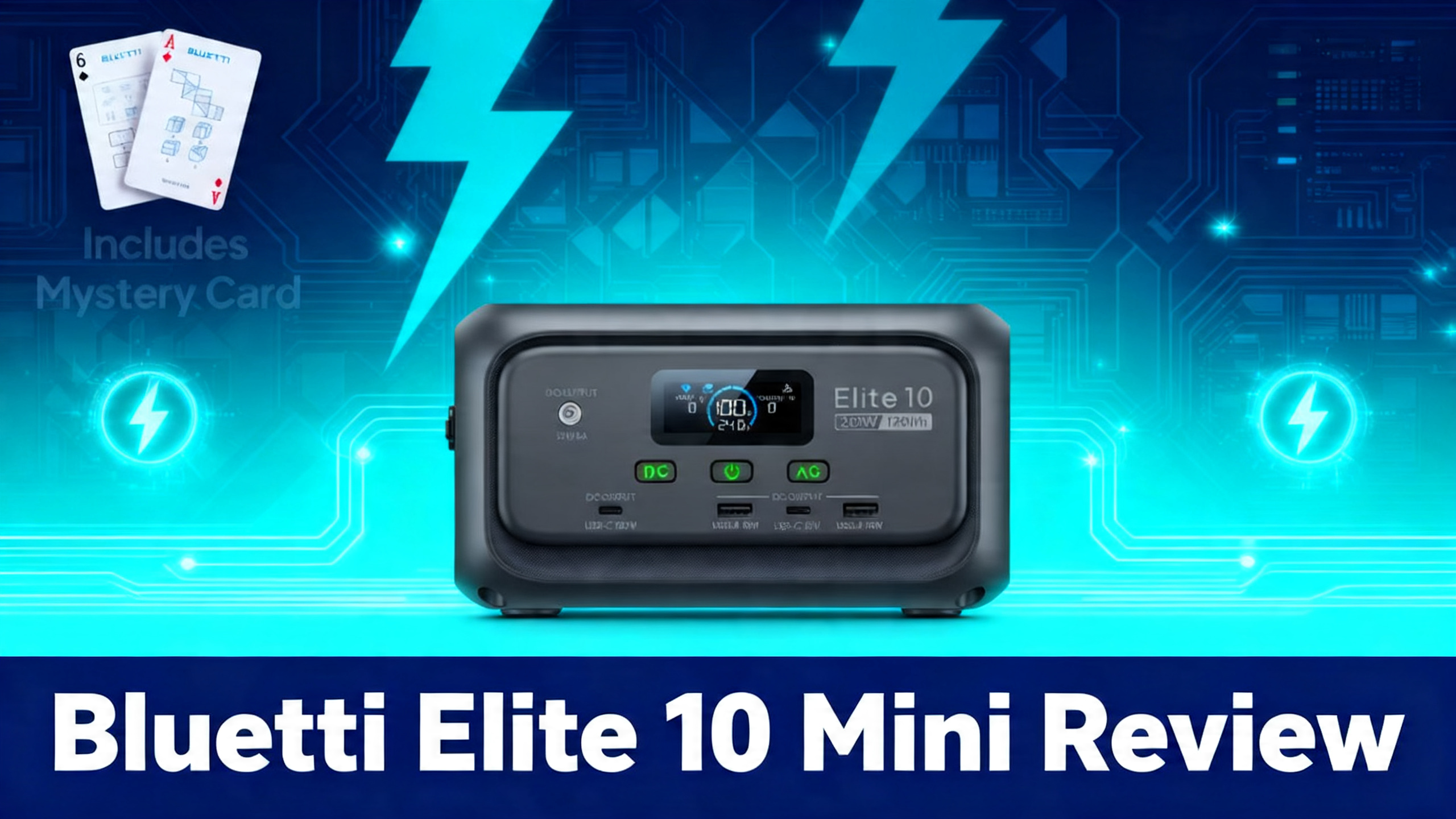 Bluetti Elite 10 mini power station review hero image with navy blue tech design