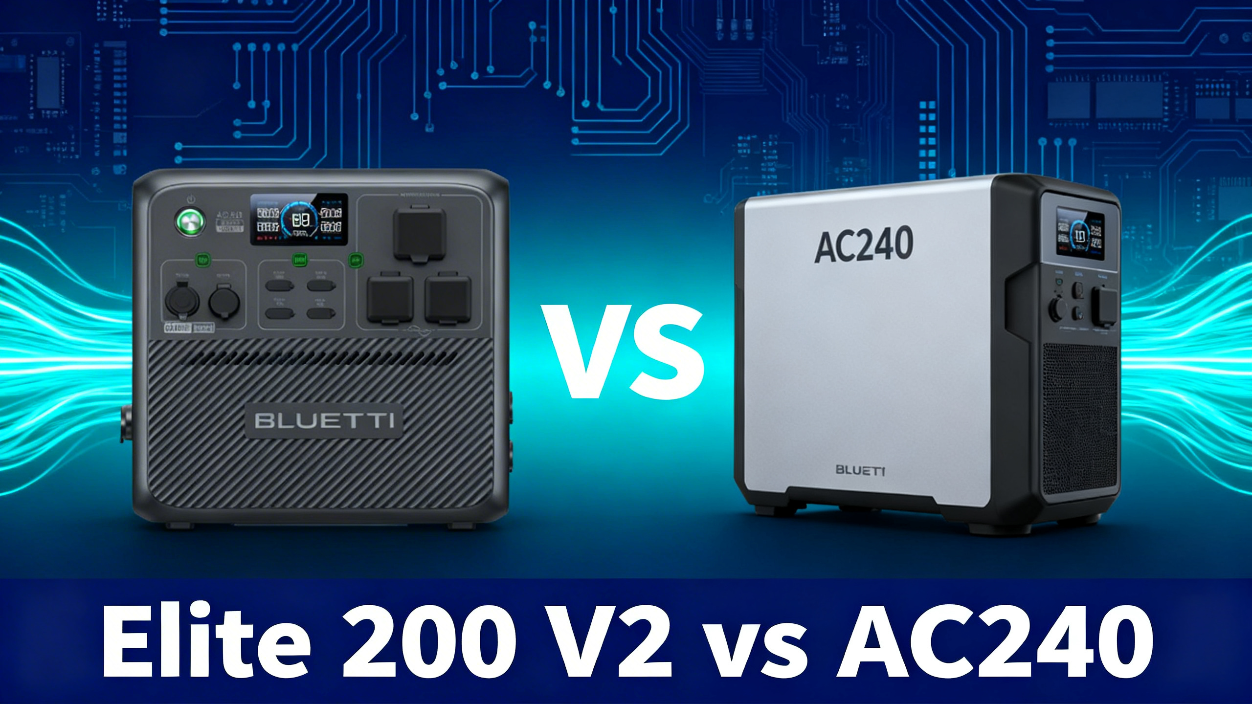 VS comparison hero showing Bluetti Elite 200 V2 and AC240 power stations side by side on navy blue cyan gradient