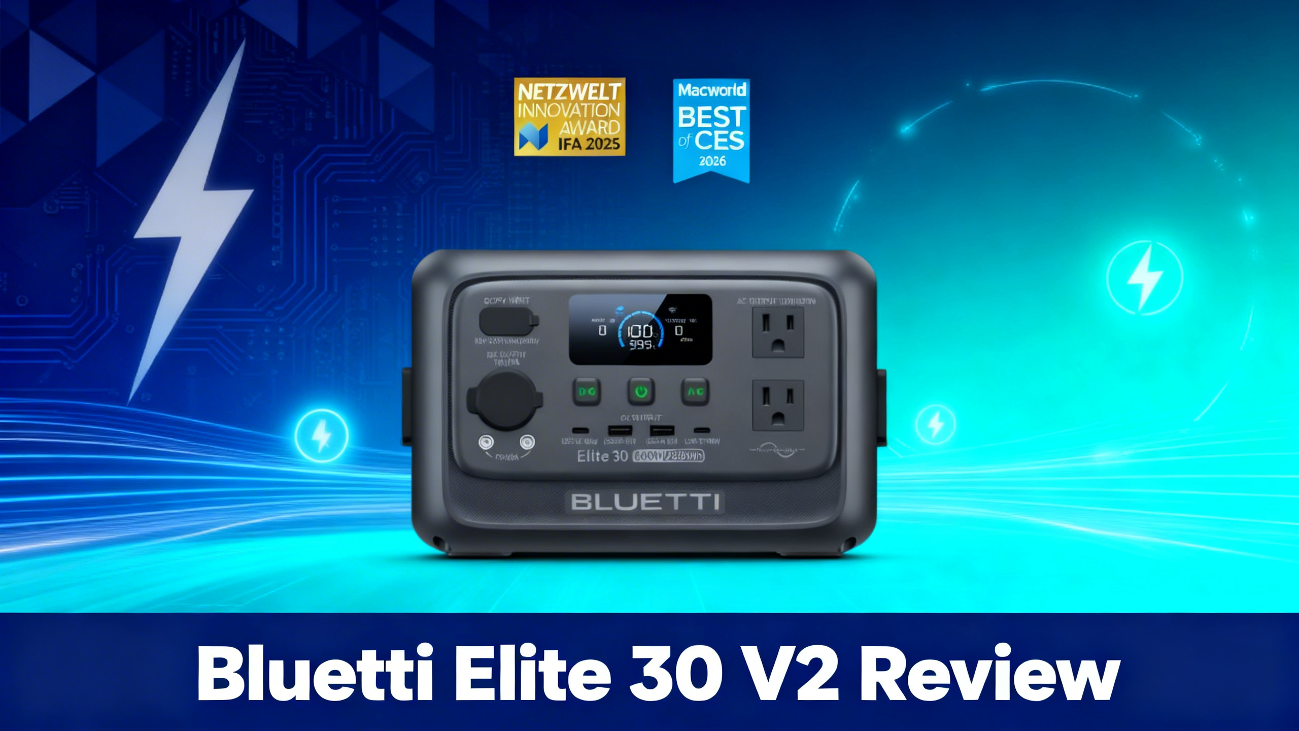 Premium tech editorial illustration of Bluetti Elite 30 V2 ultra-portable power station on deep navy blue and cyan gradient background