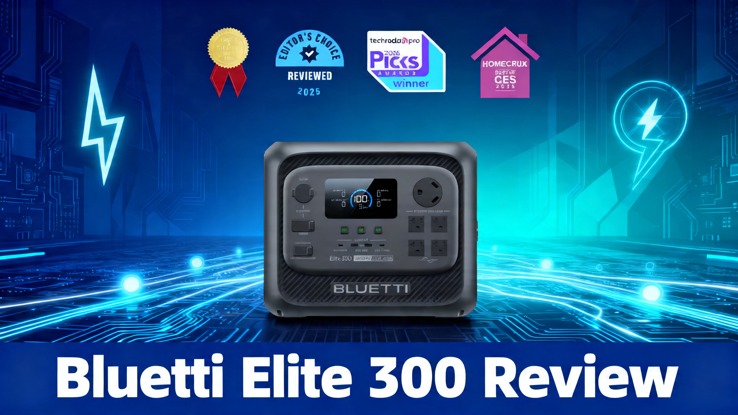Bluetti Elite 300 3014Wh portable power station review hero image with tech gradient