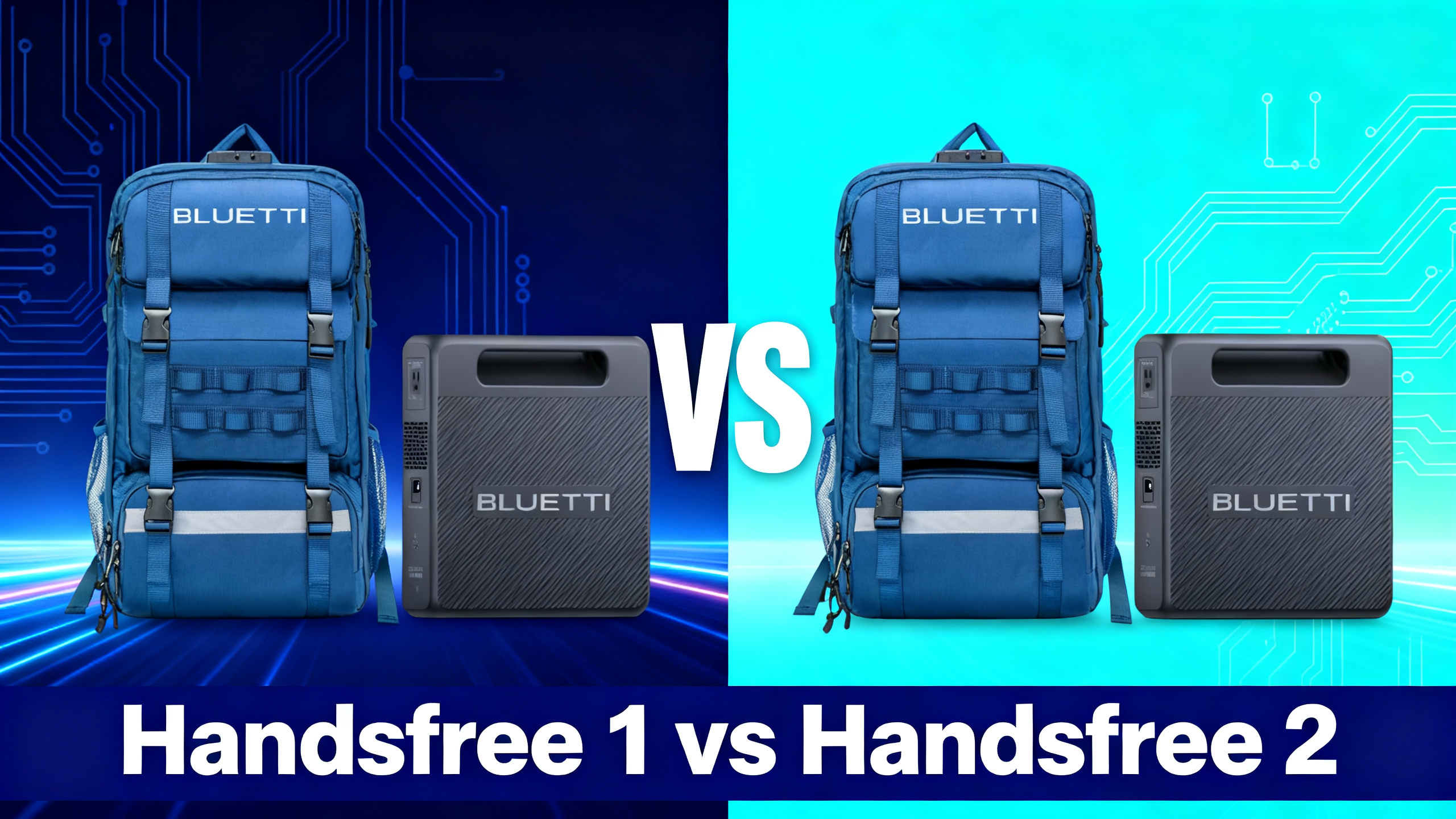 Bluetti Handsfree 1 vs Handsfree 2 backpack power station comparison hero image with both backpacks displayed side by side on navy blue gradient background