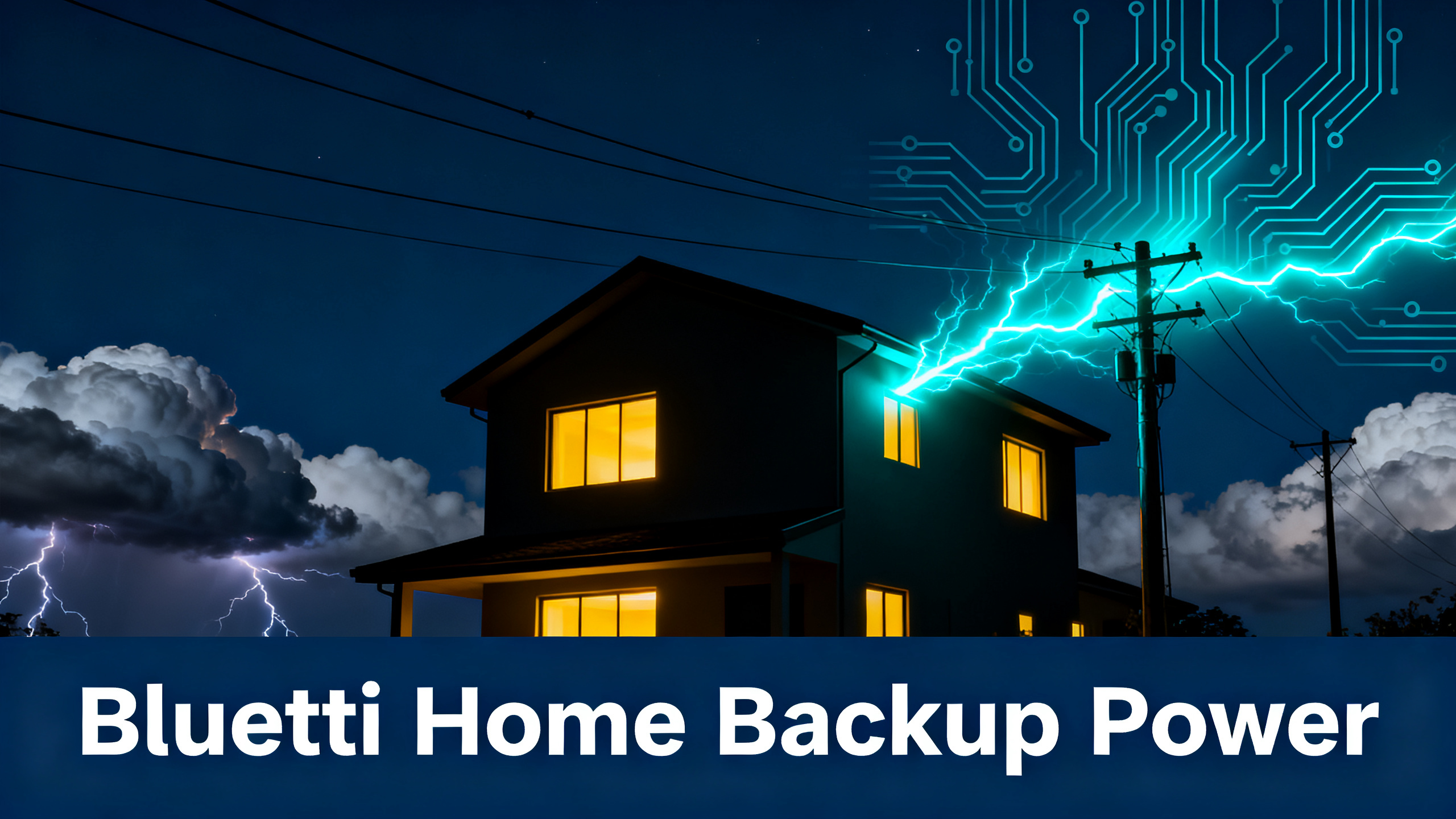 BLUETTI home backup power hero image with dramatic night house silhouette, navy blue sky and electric cyan energy flow