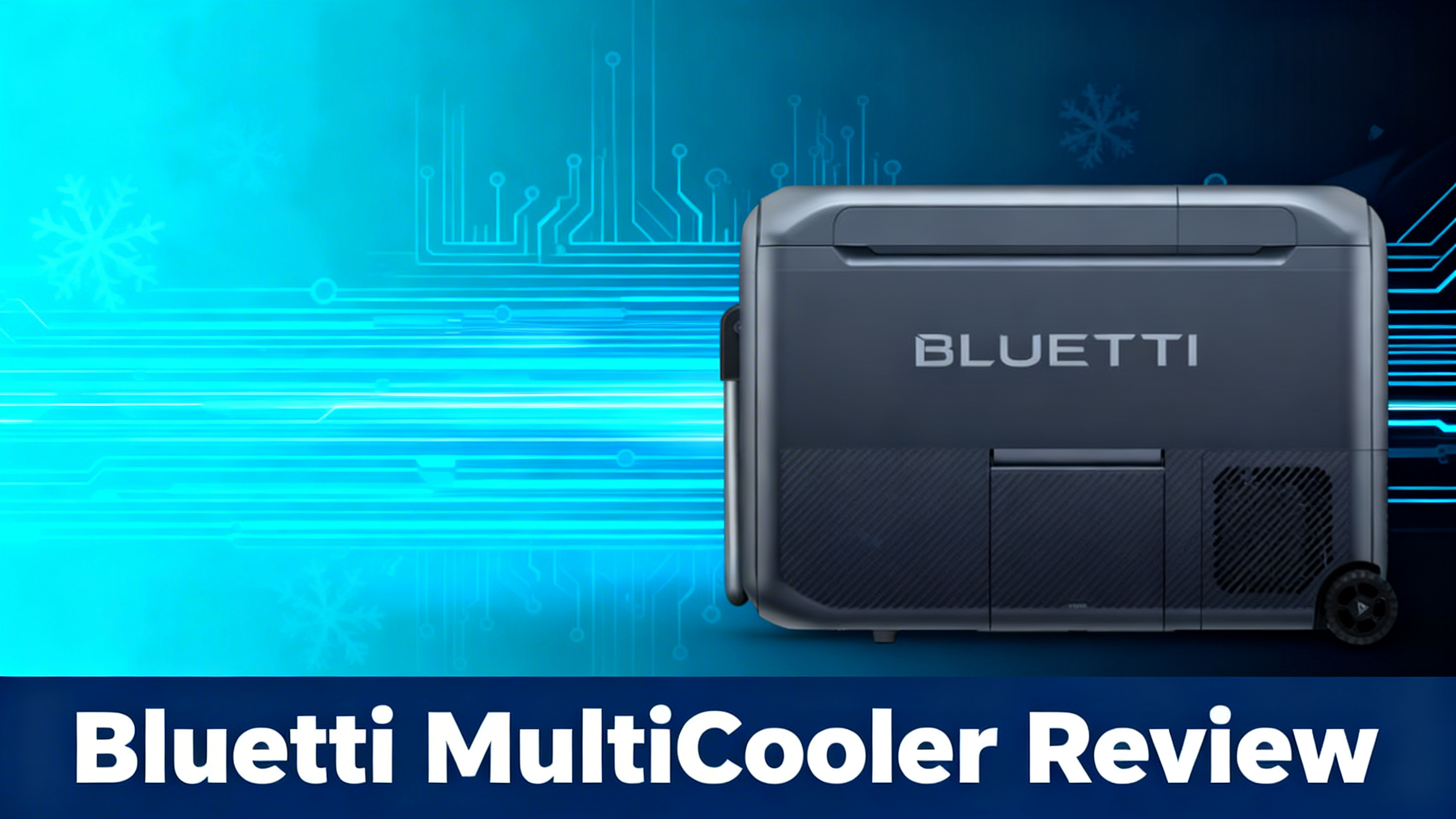 Editorial illustration with photorealistic Bluetti MultiCooler portable fridge on navy blue and electric cyan gradient background