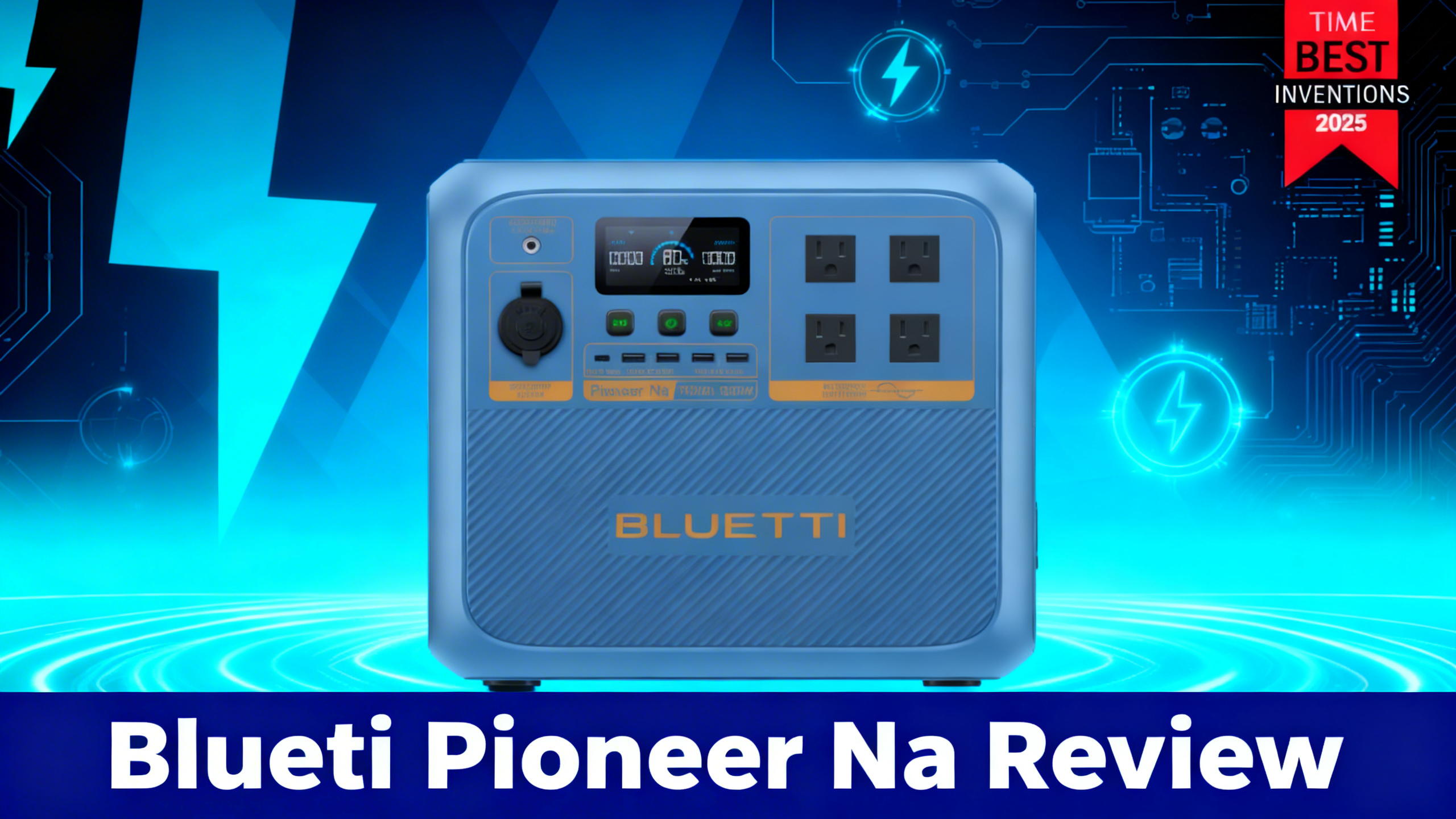 Premium tech editorial illustration of Bluetti Pioneer Na sodium-ion power station on navy blue and electric cyan gradient background