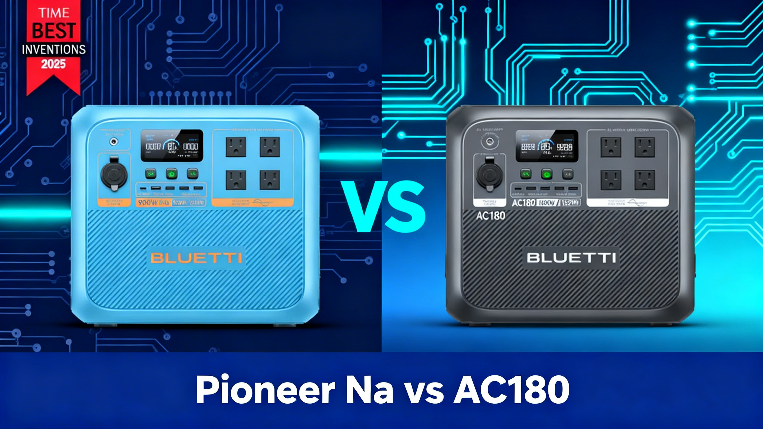Split-design illustration comparing Bluetti Pioneer Na sodium-ion and AC180 lithium power stations on navy blue and cyan tech background