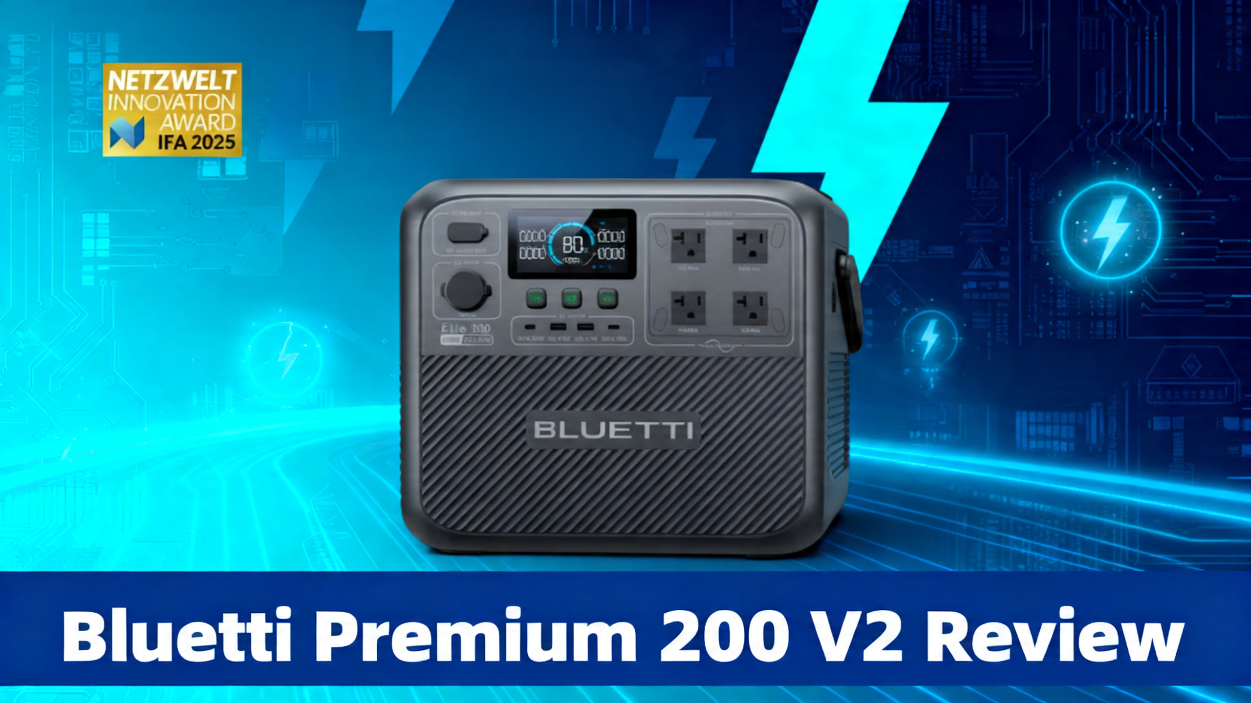 Bluetti Premium 200 V2 (Elite 200 V2) portable power station review hero image with navy blue to cyan gradient