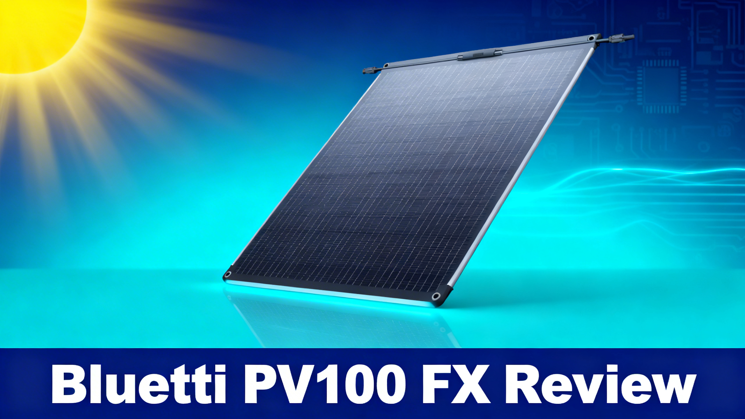 Bluetti PV100 FX flexible solar panel photorealistic featured image centered with sun on navy blue to cyan background