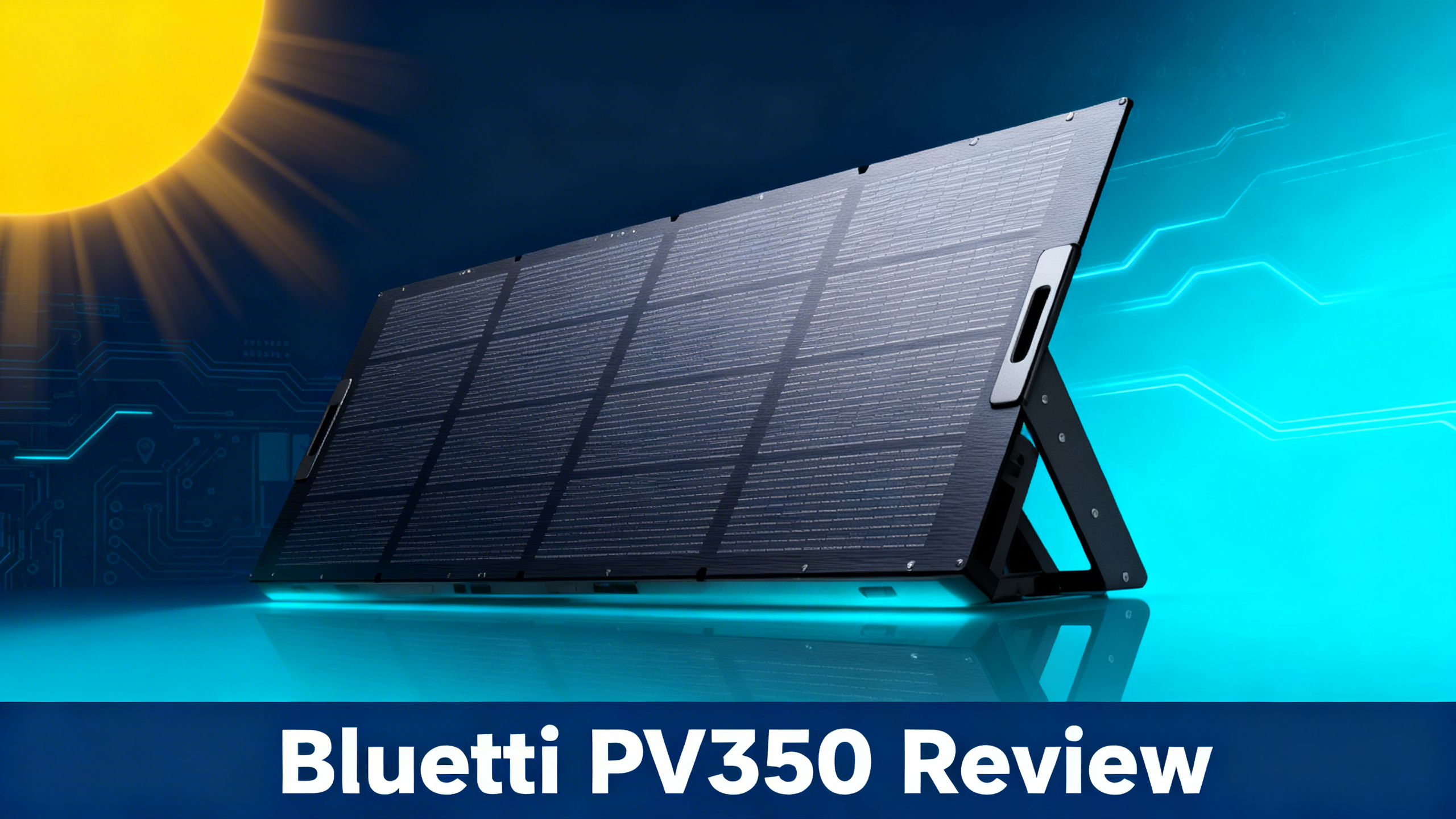 Bluetti PV350 350W solar panel photorealistic featured image centered with sun on navy blue to cyan background