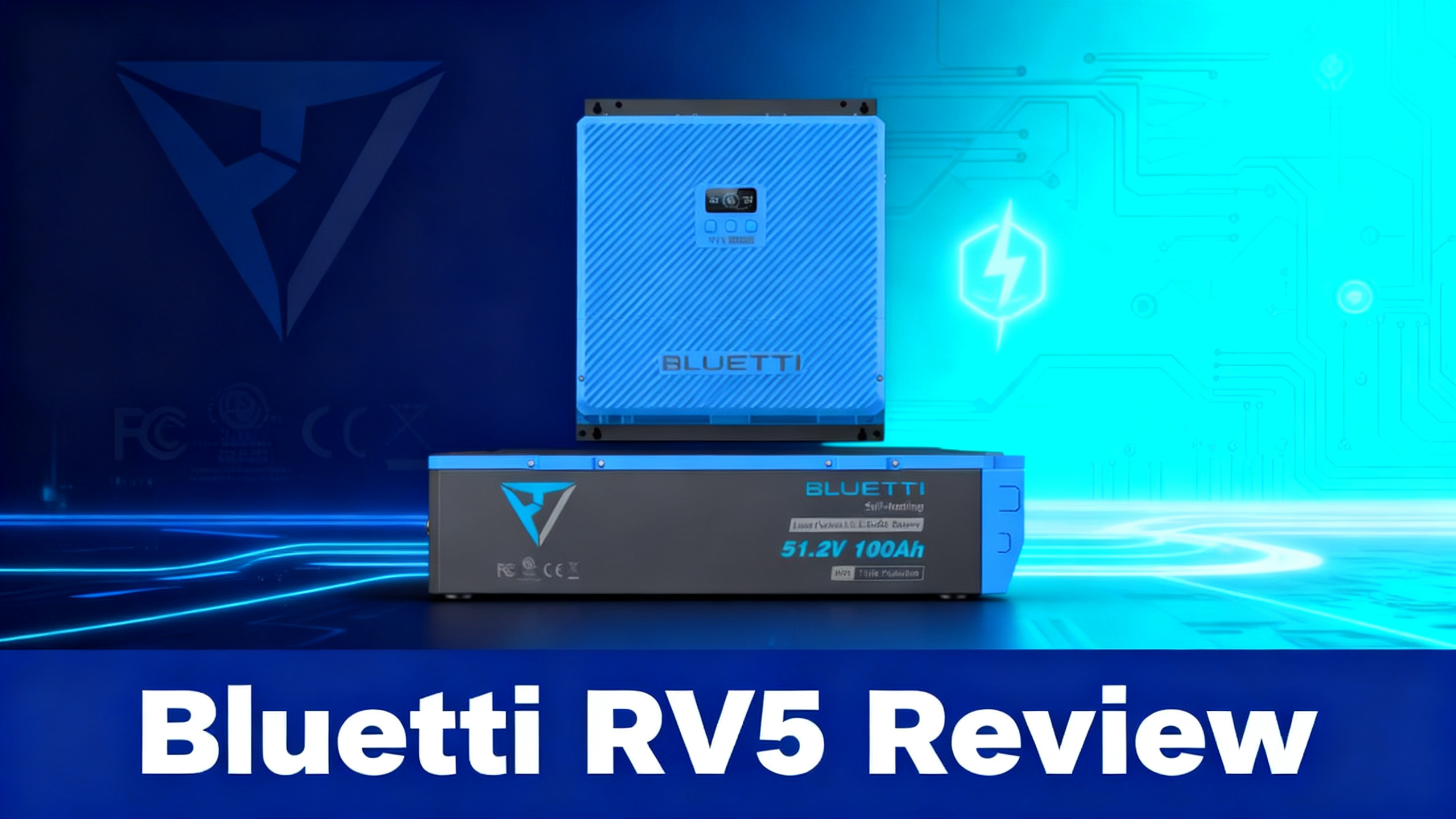 BLUETTI RV5 5000W RV solar system review hero image with navy blue to electric cyan gradient and circuit board patterns