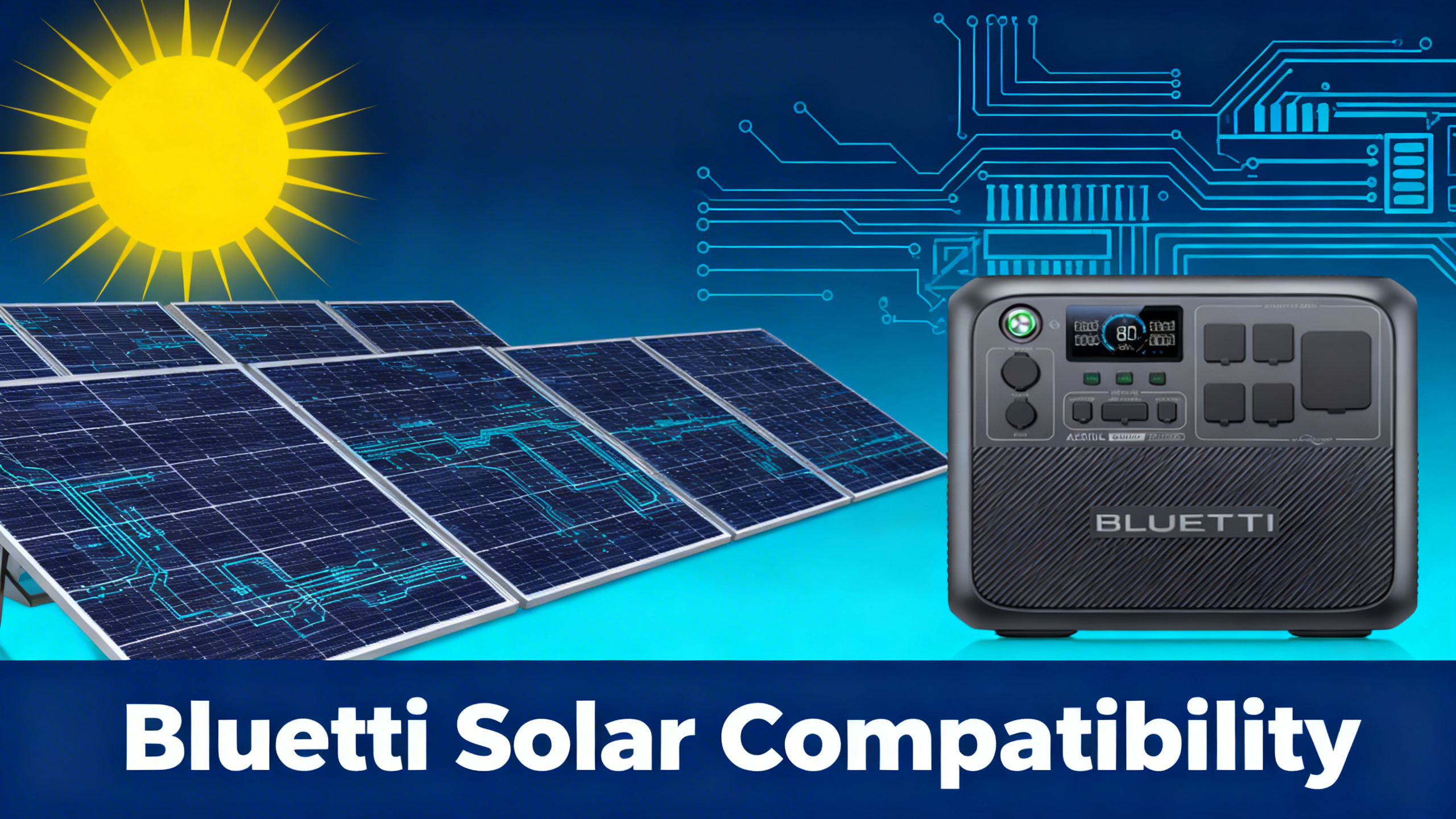 Editorial illustration with photorealistic Bluetti AC200L power station, solar panels and wiring diagram on navy blue cyan gradient