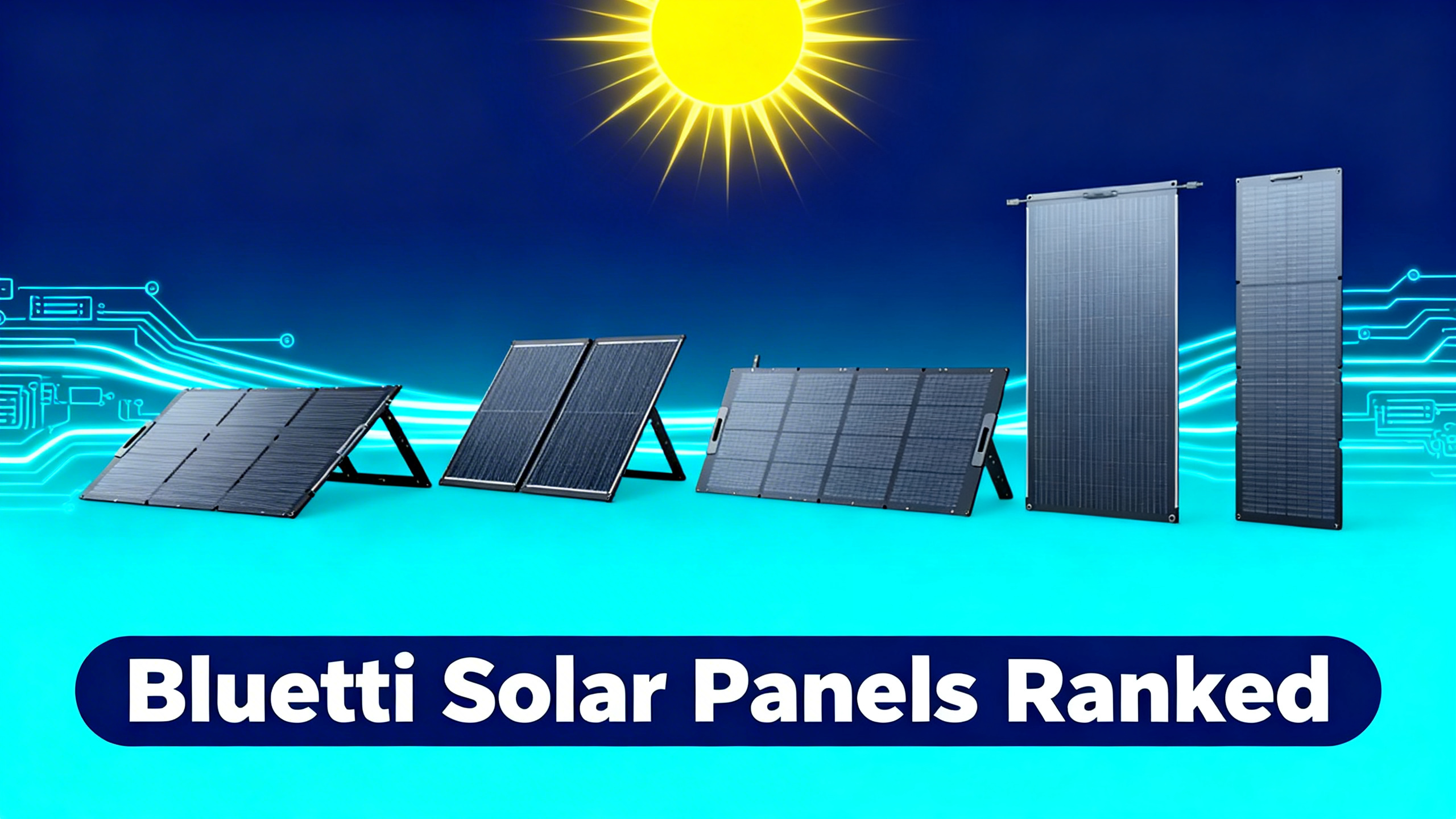 Premium illustration of Bluetti solar panel lineup with bright sun and circuit board patterns on navy blue and electric cyan gradient