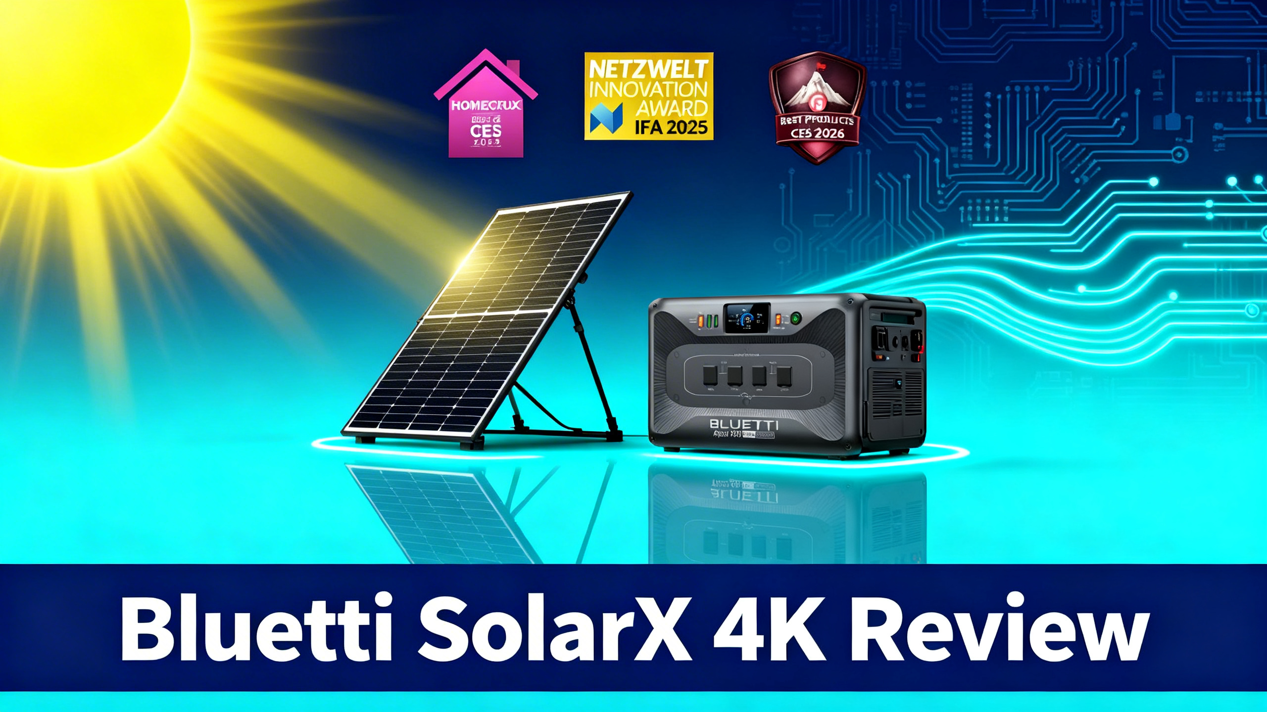 Bluetti SolarX 4K 1200W solar panel with Apex 300 photorealistic featured image centered with sun on navy blue to cyan background