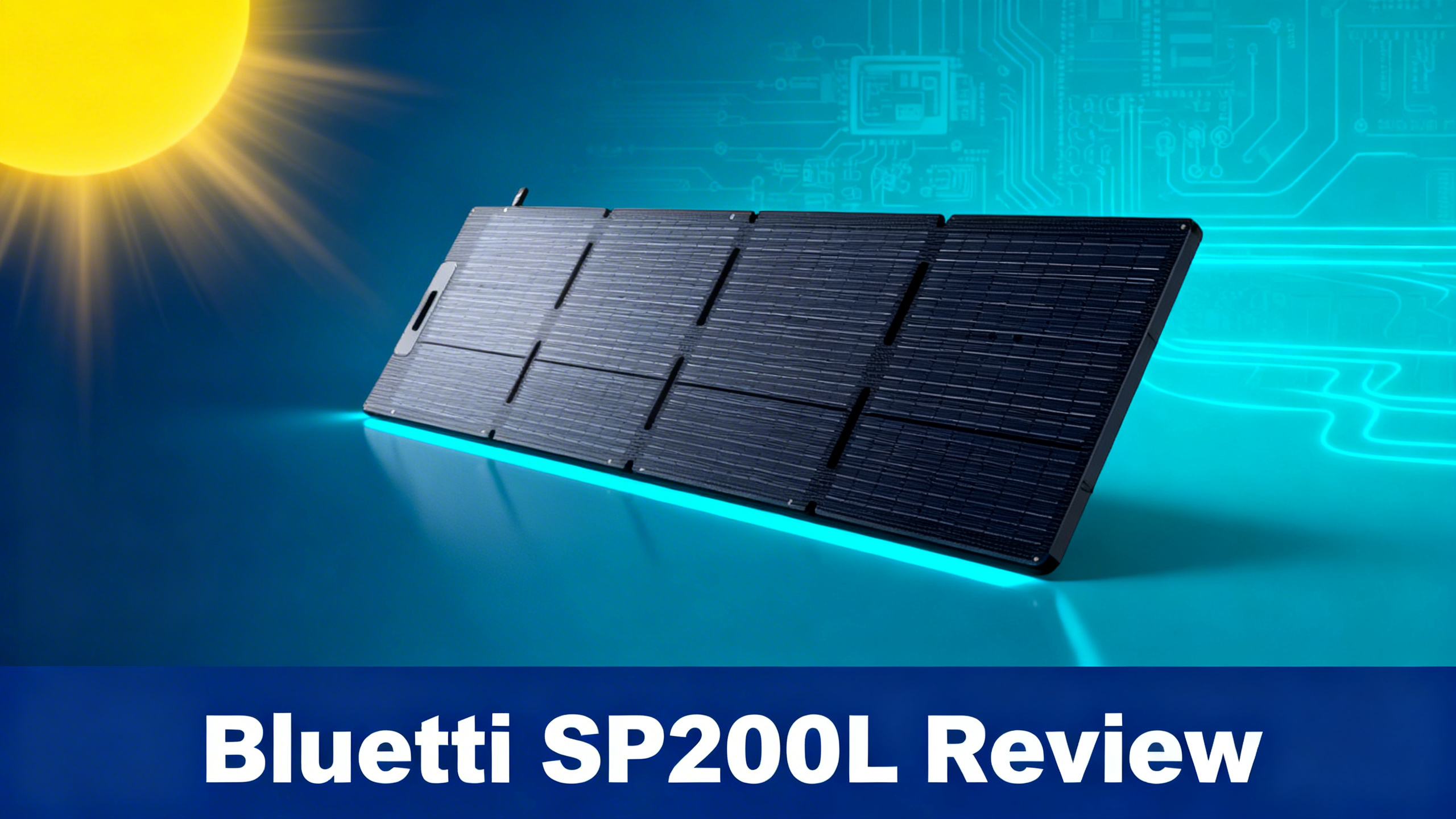 Bluetti SP200L 200W solar panel photorealistic featured image centered with sun on navy blue to cyan background