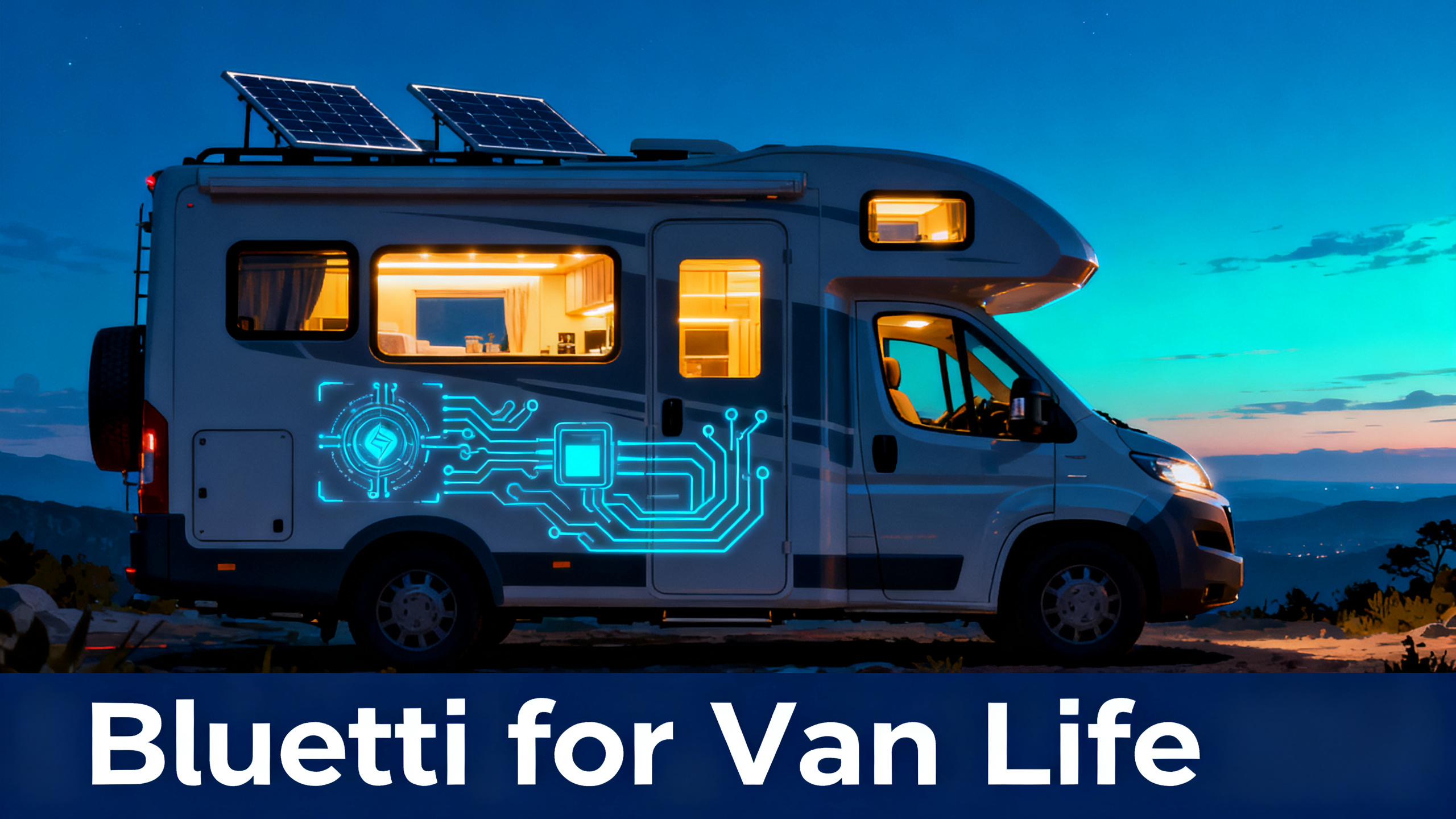 BLUETTI for van life hero image featuring modern camper van silhouette with deep blue to cyan gradient sky and solar panels