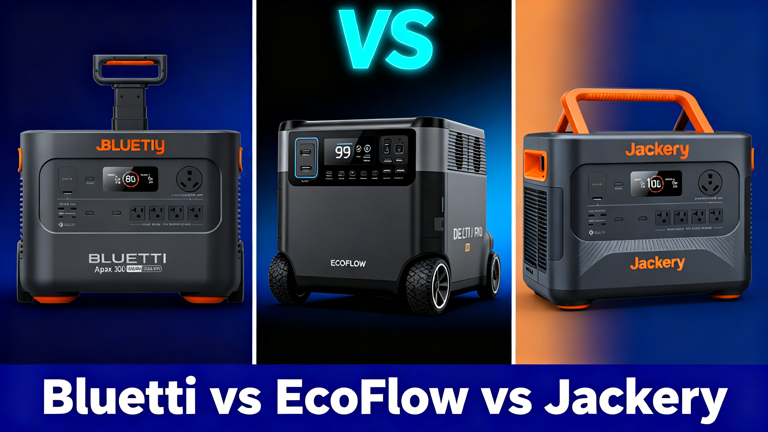 Bluetti Apex 300 vs EcoFlow Delta Pro vs Jackery Explorer 2000 Pro three-way brand comparison hero image