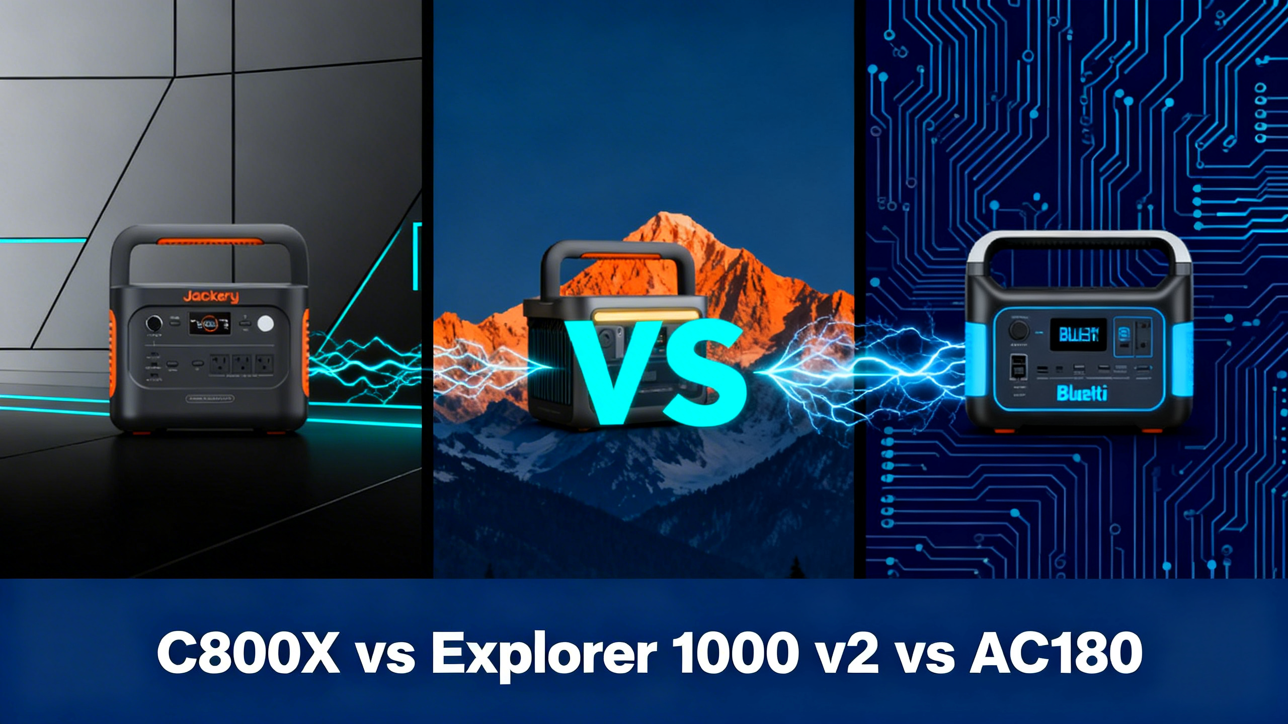 Split comparison image showing Anker SOLIX C800X, Jackery Explorer 1000 v2, and Bluetti AC180 portable power stations side by side