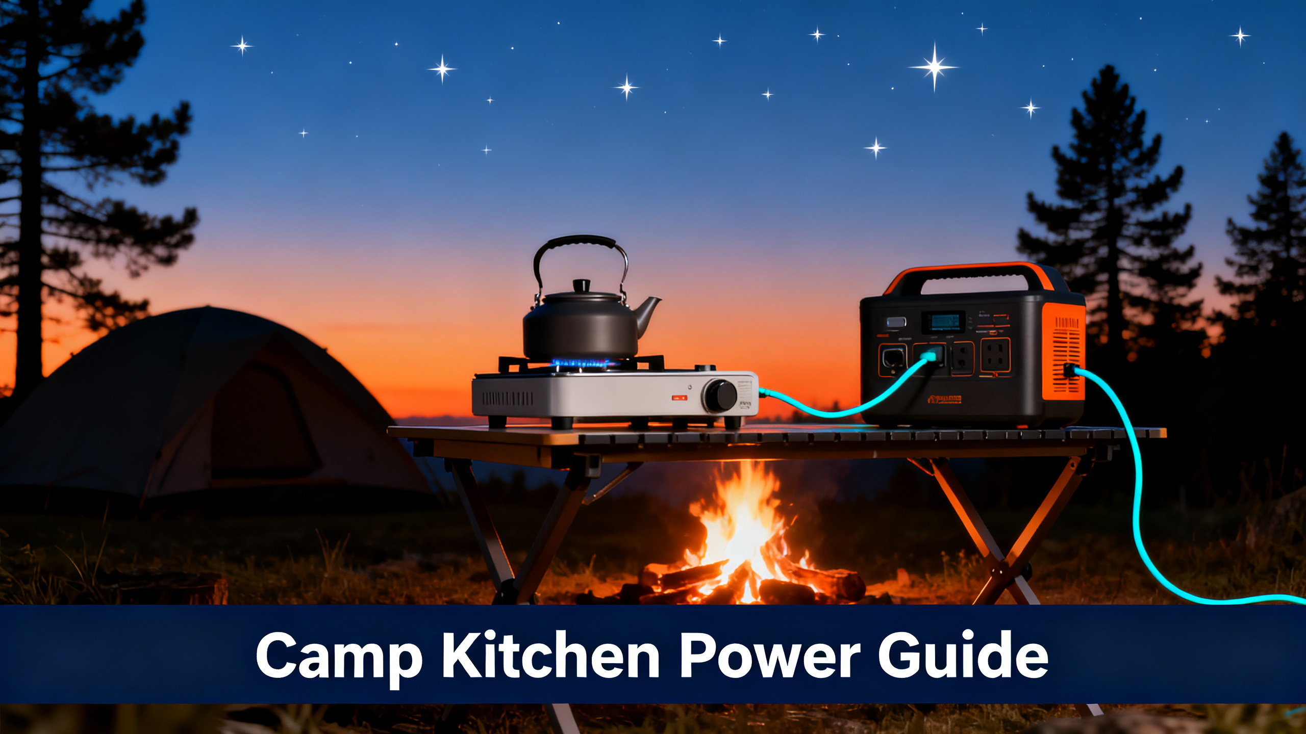 Illustrated outdoor camp kitchen scene at dusk with portable cooking setup, electric cooktop and kettle, orange-to-navy gradient sky, power station glowing cyan, tent and pine trees, white text 'Camp Kitchen Power Guide' on navy bar.