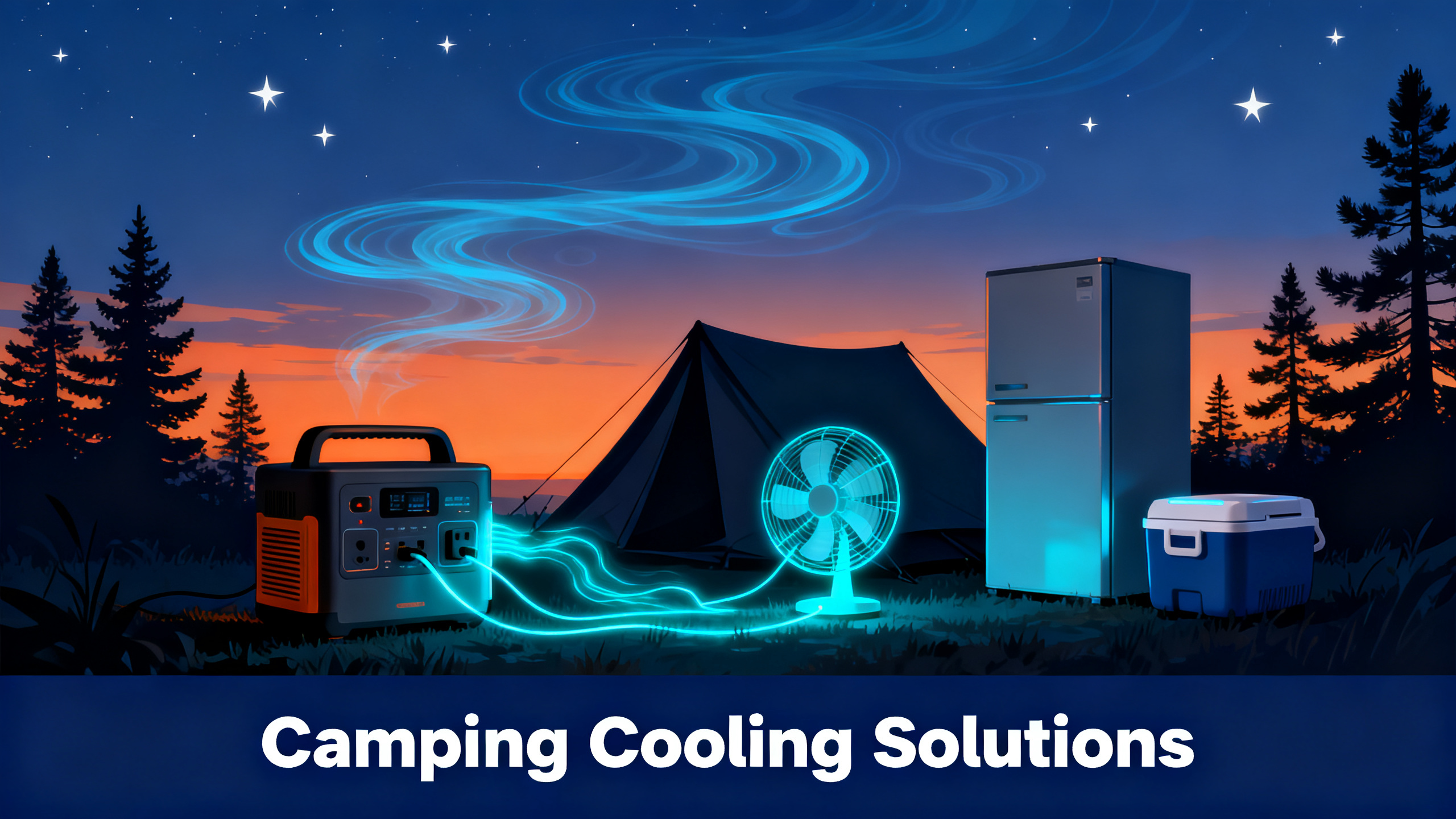 Illustrated summer camping scene at dusk with portable fan and electric cooler beside tent, orange-to-navy gradient sky, power station glowing cyan, pine trees, white text 'Camping Cooling Solutions' on navy bar.