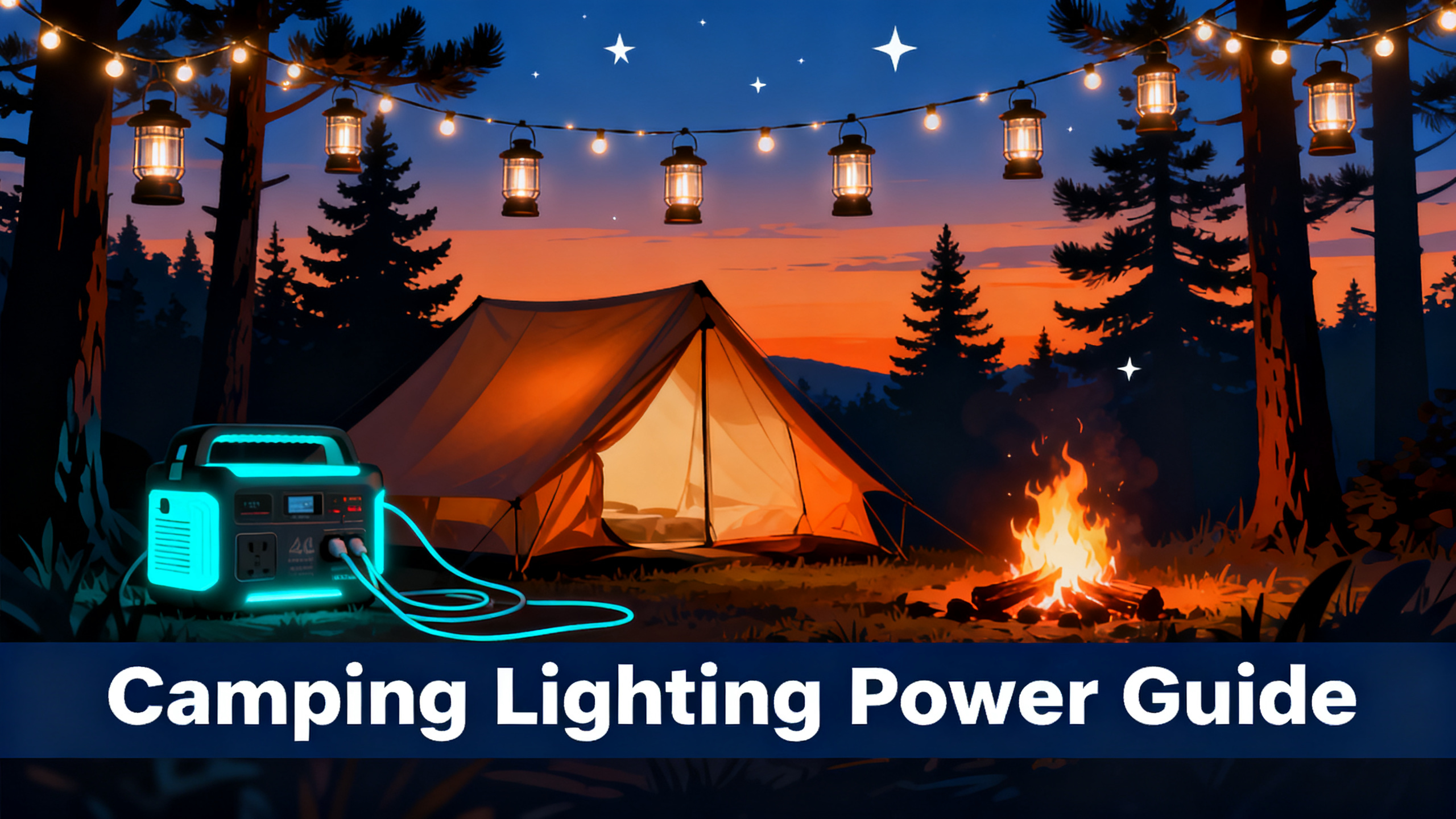 Illustrated camping scene at dusk with multiple LED lanterns and string lights illuminating campsite, orange-to-navy gradient sky, power station glowing cyan, tent and pine trees, white text 'Camping Lighting Power Guide' on navy bar.
