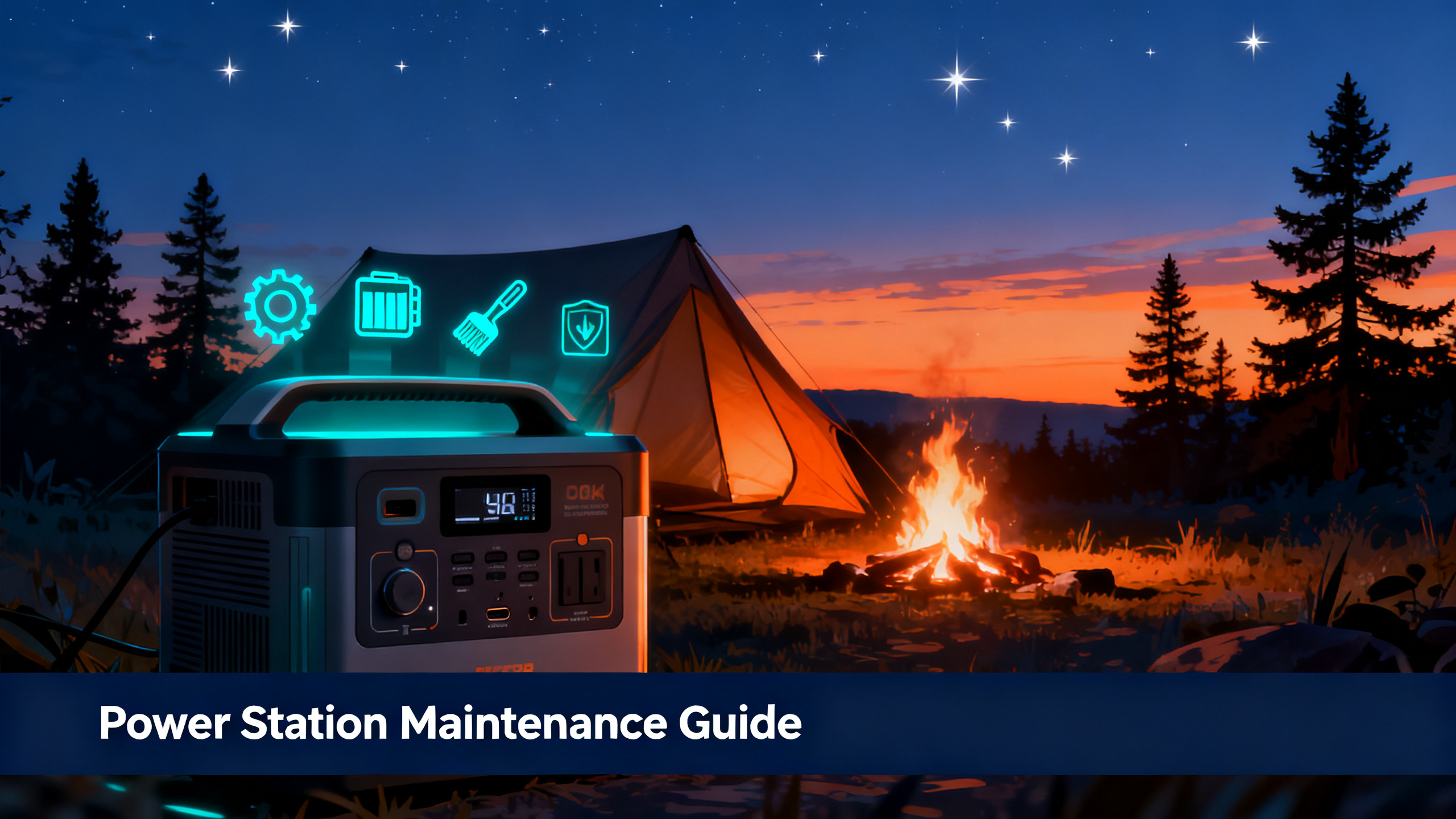 Illustrated camping scene at dusk with portable power station in foreground showing maintenance tools and care icons, orange-to-navy gradient sky, tent and pine trees, white text 'Power Station Maintenance Guide' on navy bar.