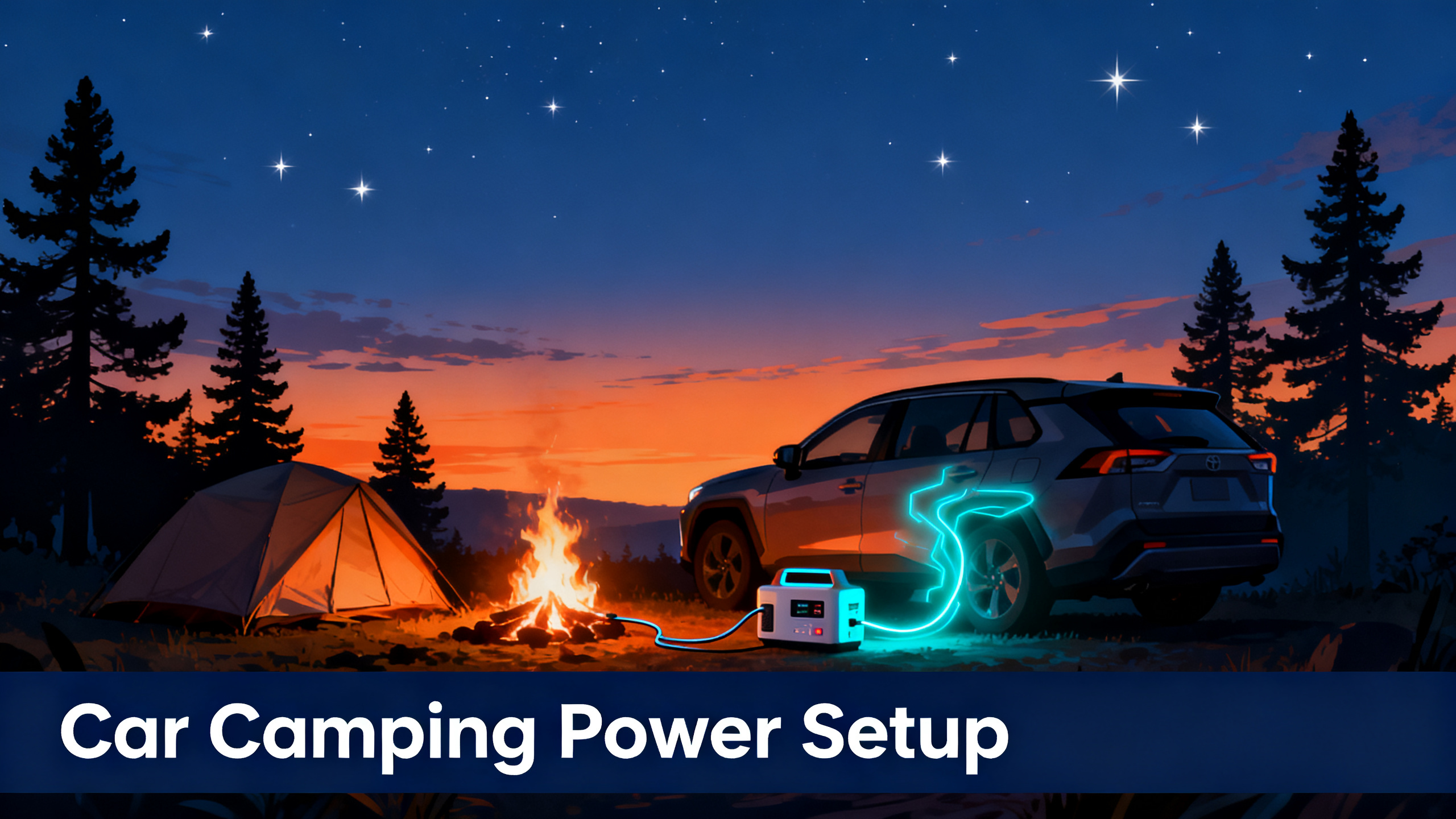 Illustrated car camping scene at dusk with SUV parked beside tent, orange-to-navy gradient sky, campfire glow, pine trees, white text 'Car Camping Power Setup' on navy bar.