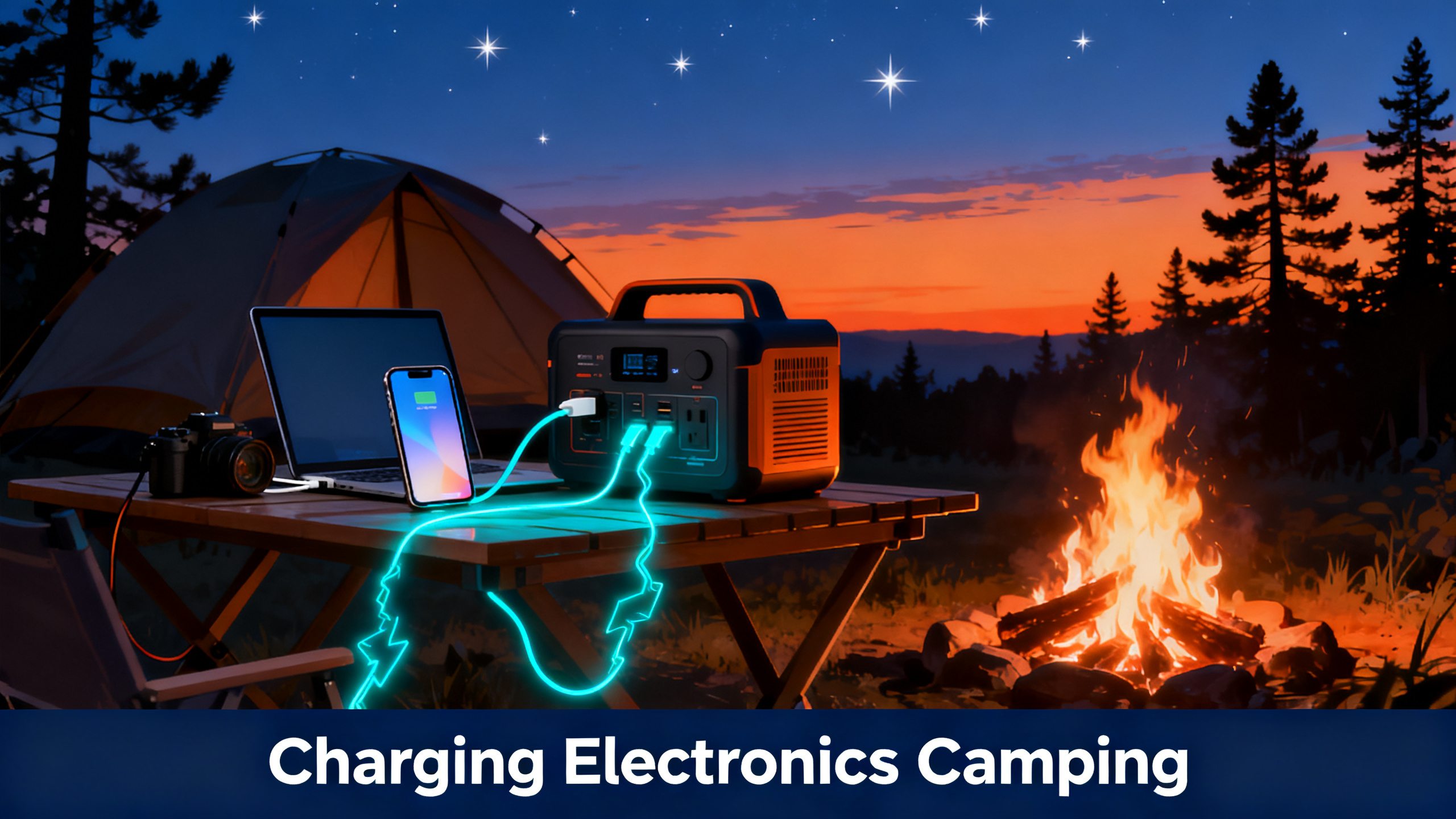 Illustrated camping scene at dusk with phone, laptop and camera charging on table, orange-to-navy gradient sky, power station glowing cyan, tent and pine trees, white text 'Charging Electronics Camping' on navy bar.