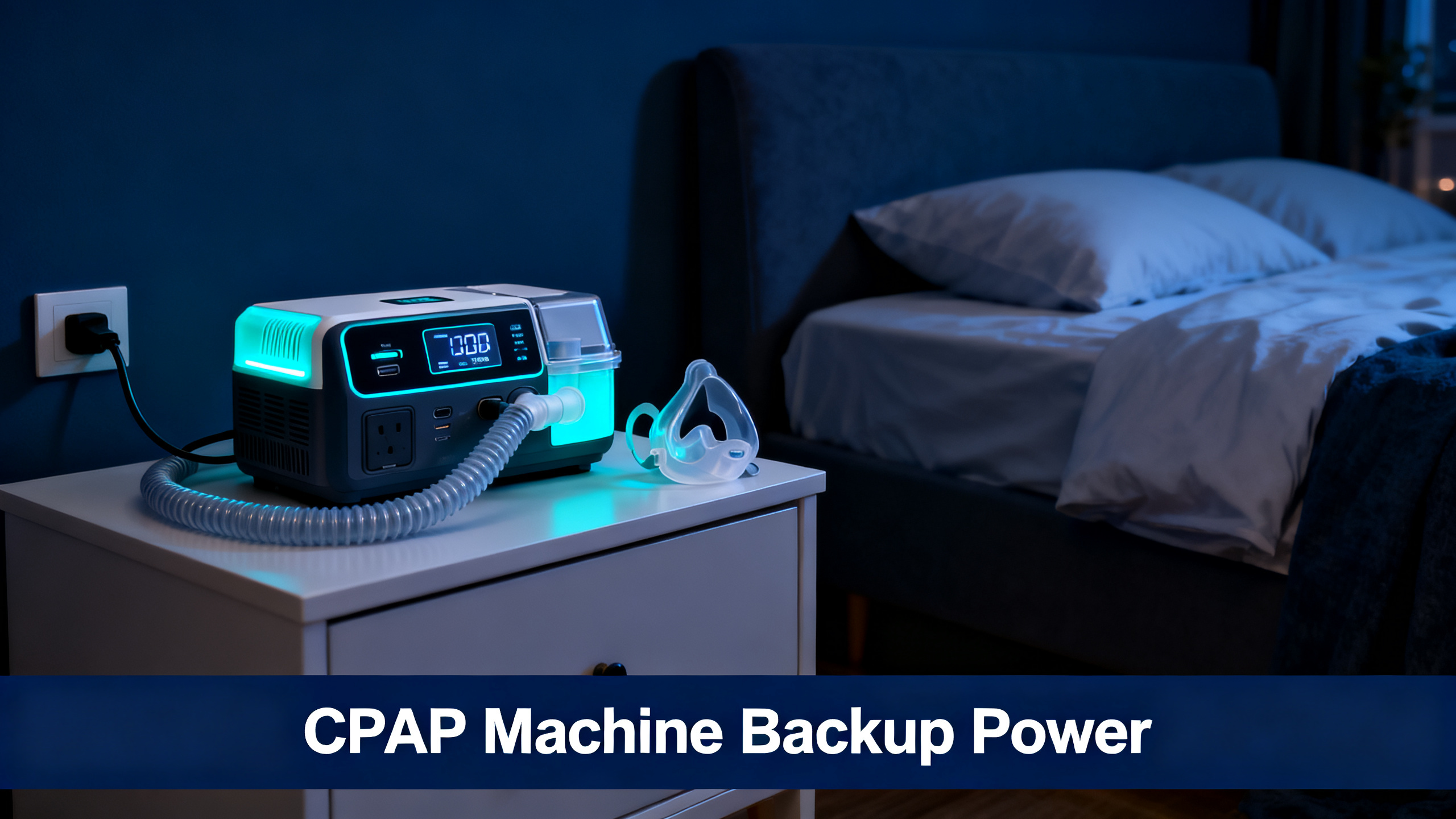 Realistic product photograph of a CPAP machine with hose and nasal mask on a clean nightstand plugged into a portable power station, empty made-up bed in background, navy blue ambiance, electric cyan accents, no people visible, white bold text 'CPAP Machine Backup Power' on navy bar at bottom.