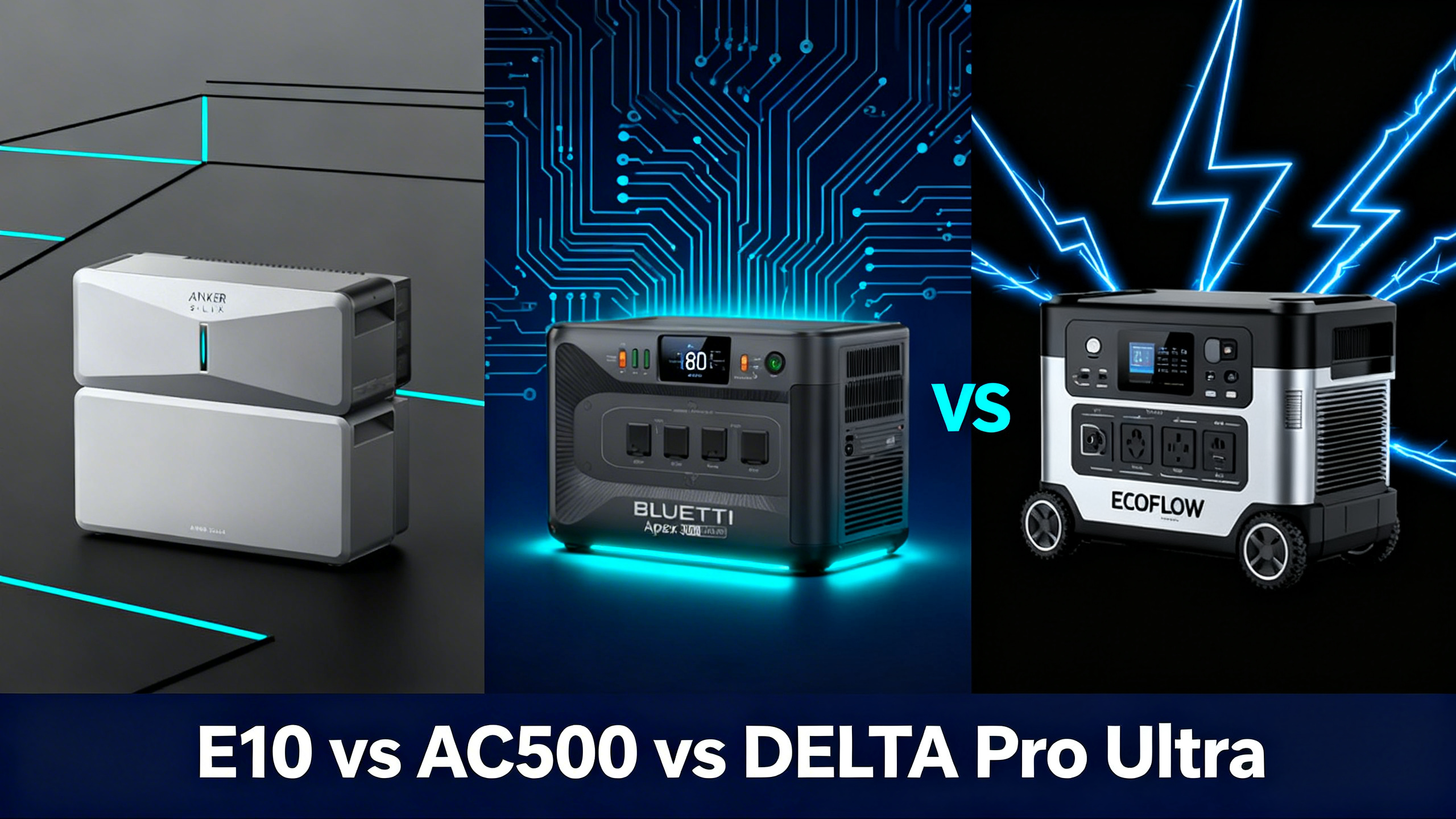 Split comparison image showing Anker SOLIX E10, Bluetti AC500, and EcoFlow DELTA Pro Ultra whole-home systems