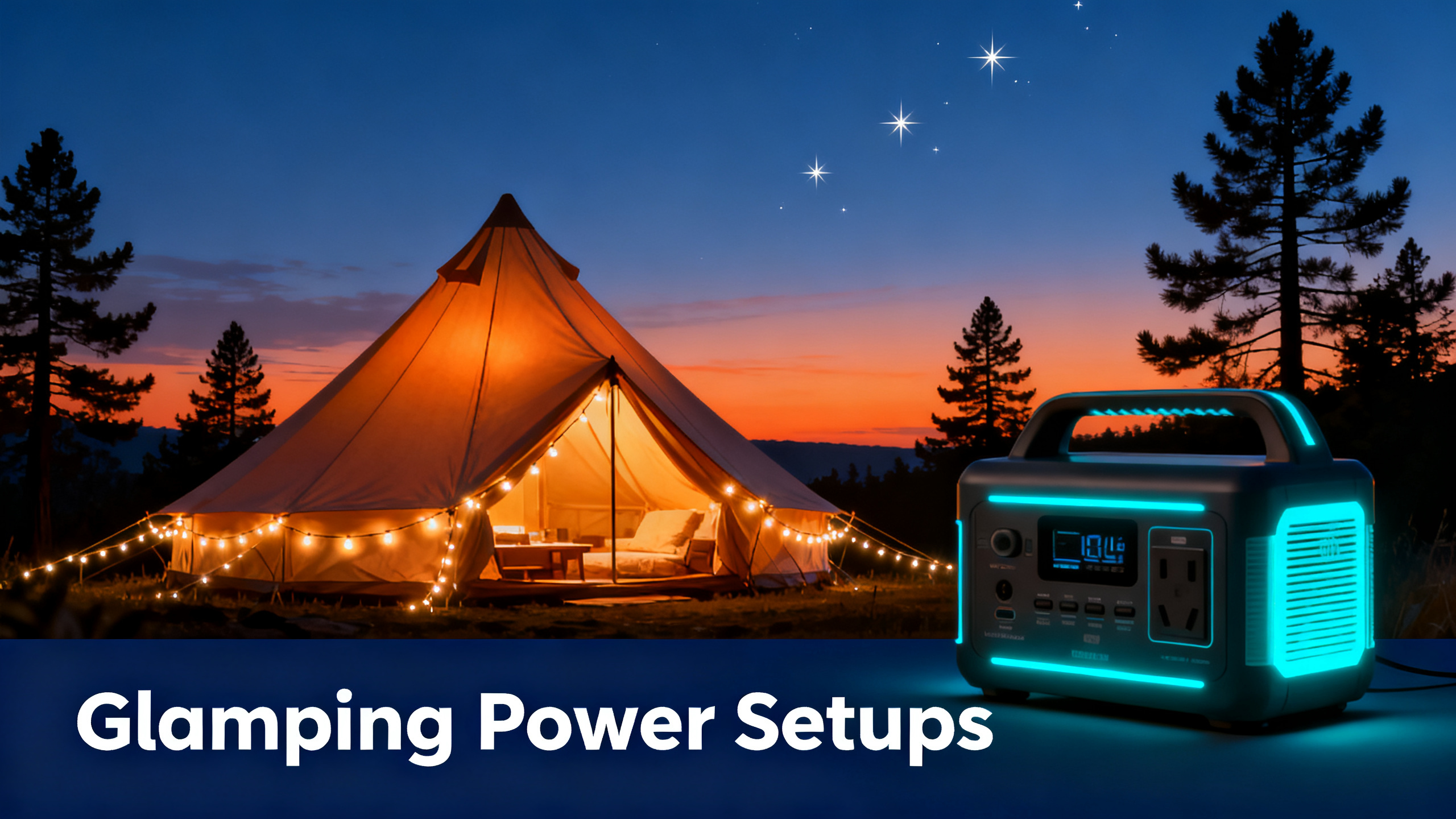 Illustrated luxury glamping scene at dusk with elegant bell tent illuminated warmly, string lights, orange-to-navy gradient sky, premium power station glowing cyan, pine trees, white text 'Glamping Power Setups' on navy bar.