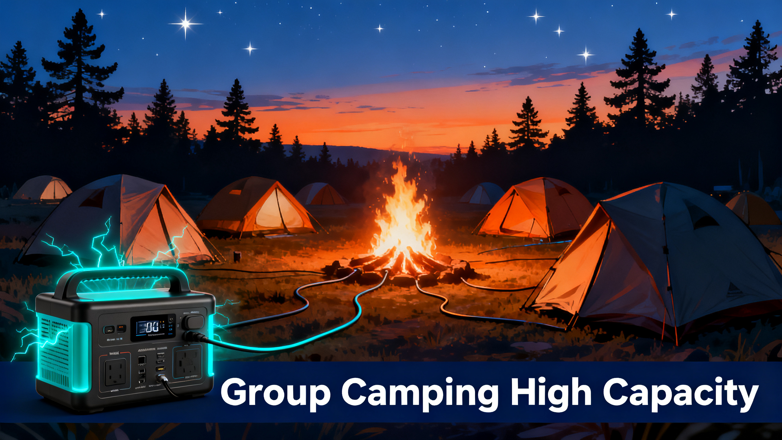 Illustrated group camping scene at dusk with multiple tents around large campfire, orange-to-navy gradient sky, large power station glowing cyan, pine trees, white text 'Group Camping High Capacity' on navy bar.