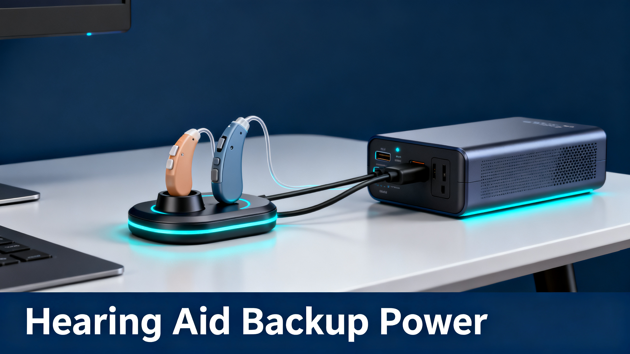 Realistic close-up photograph of a hearing aid and cochlear implant processor on a wireless charging dock with portable power station, navy blue ambiance, electric cyan glow, white bold text 'Hearing Aid Backup Power' on navy bar at bottom.