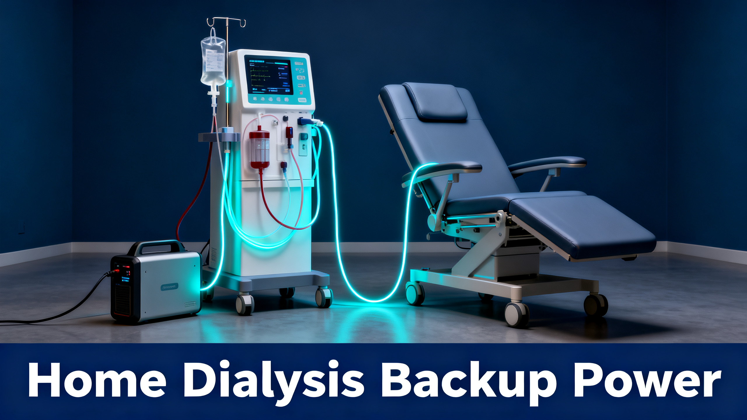 Realistic product photograph of a home hemodialysis machine with tubing and dialysate bags connected to a portable power station, empty reclining medical chair beside the machine, navy blue ambiance, electric cyan glow, no people visible, white bold text 'Home Dialysis Backup Power' on navy bar at bottom.