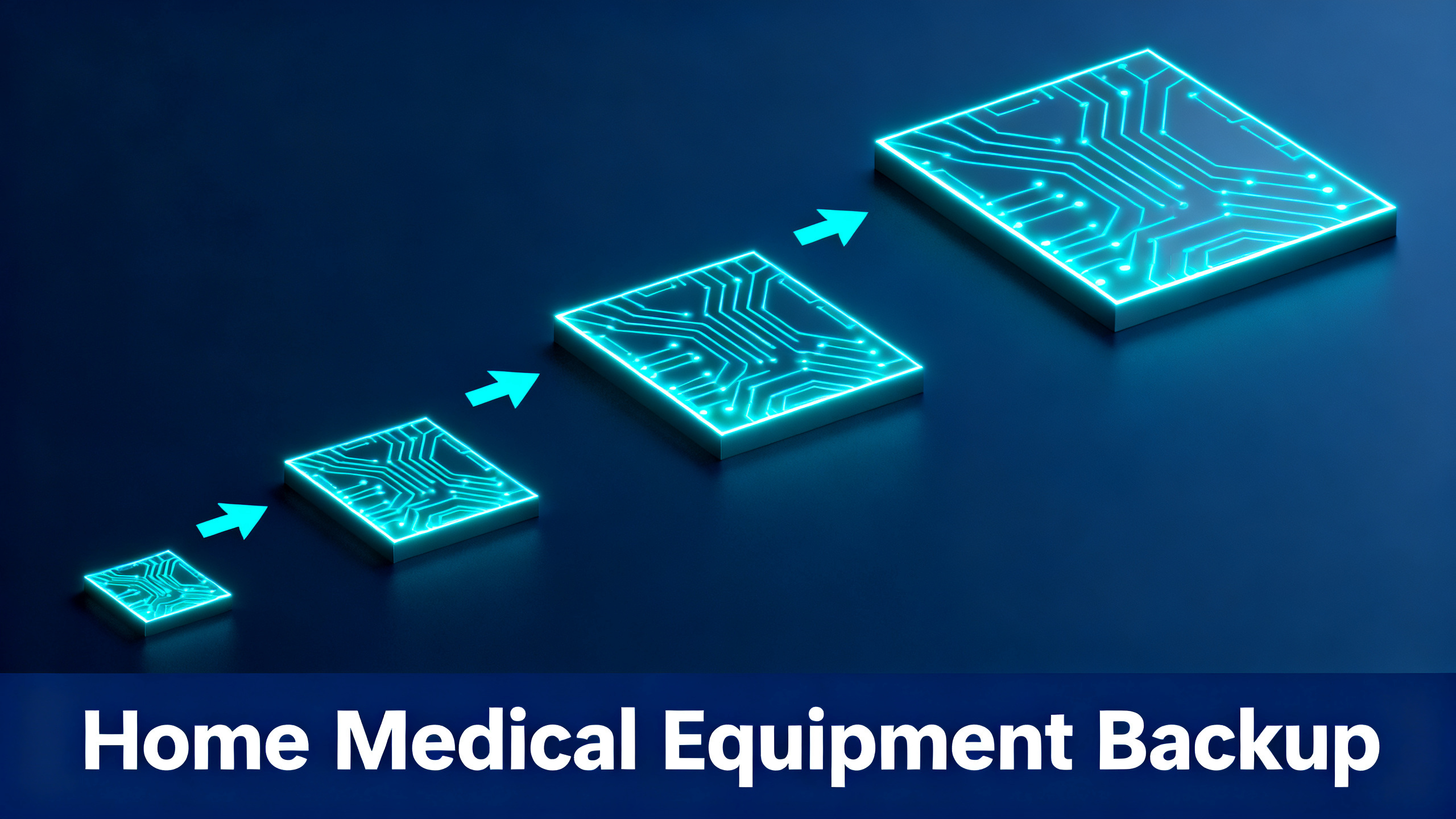 Editorial illustration with navy blue background and electric cyan geometric shapes increasing in size, with arrows showing progression and white bold text 'Home Medical Equipment Backup' on navy bar at bottom.