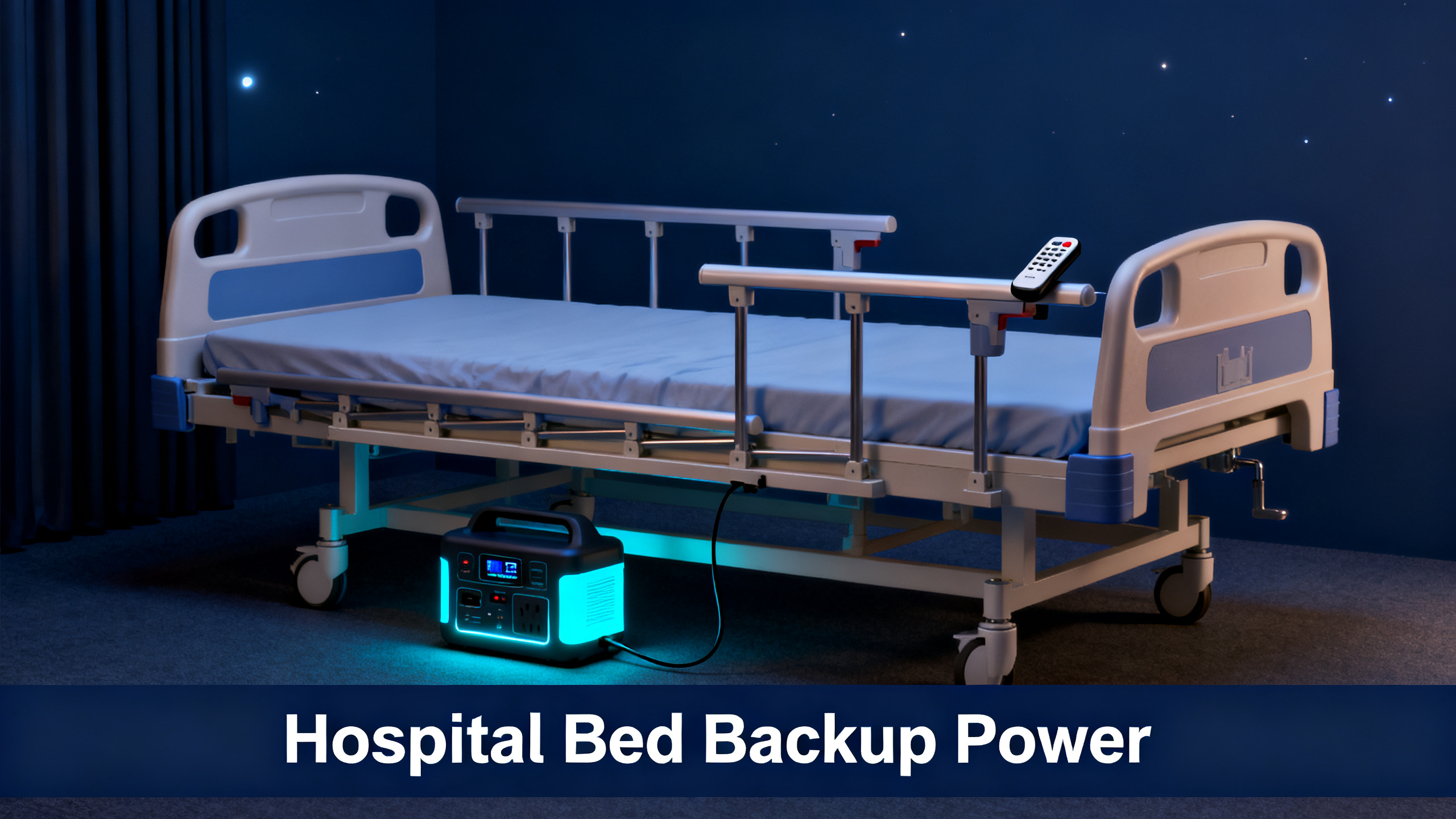 Realistic photograph of an empty adjustable home hospital bed with side rails and remote control, with portable power station beneath, navy blue ambiance, electric cyan glow, no people visible, white bold text 'Hospital Bed Backup Power' on navy bar at bottom.