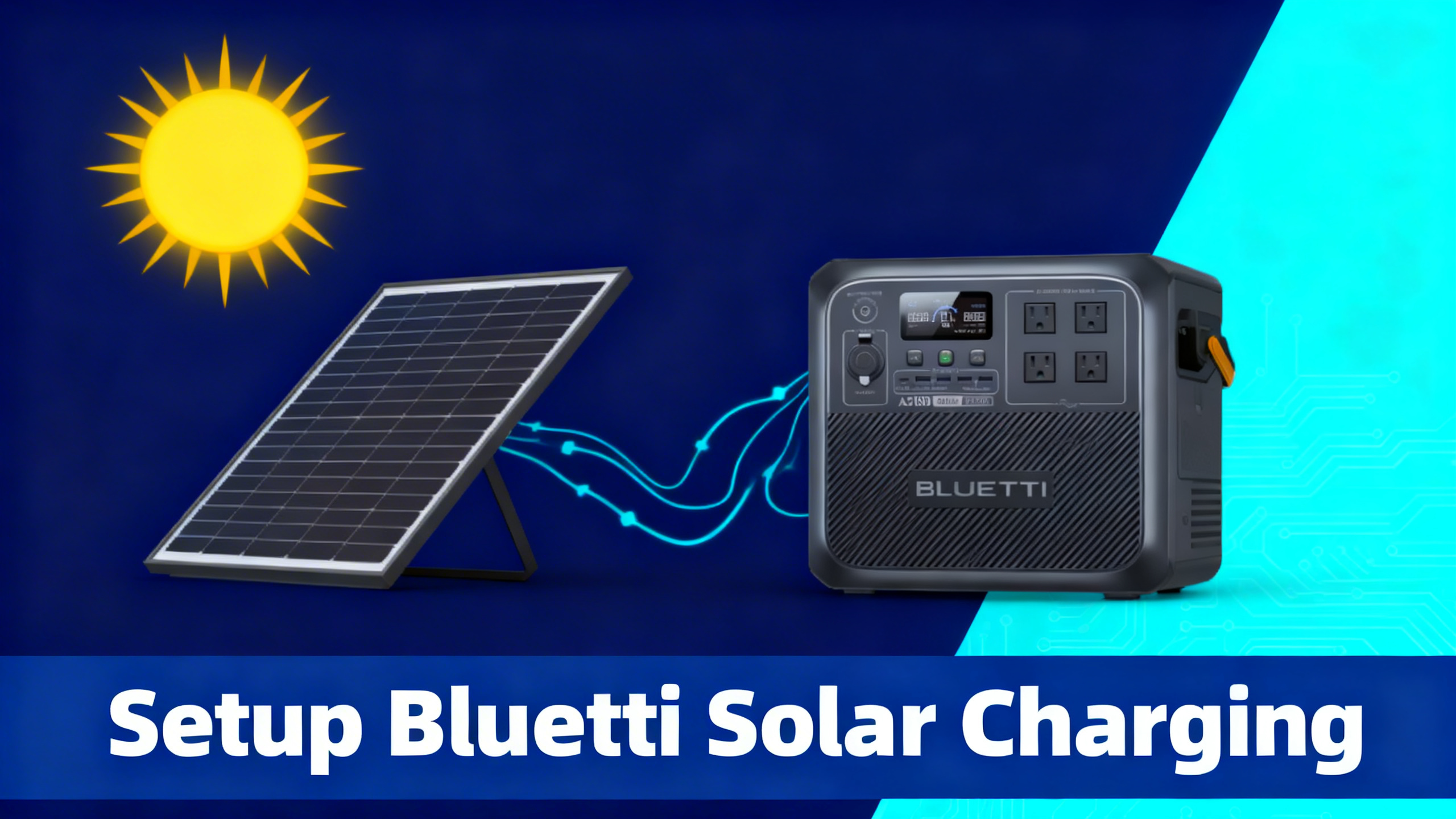 Editorial illustration with photorealistic Bluetti AC180 power station, solar panel and bright sun on navy blue cyan gradient