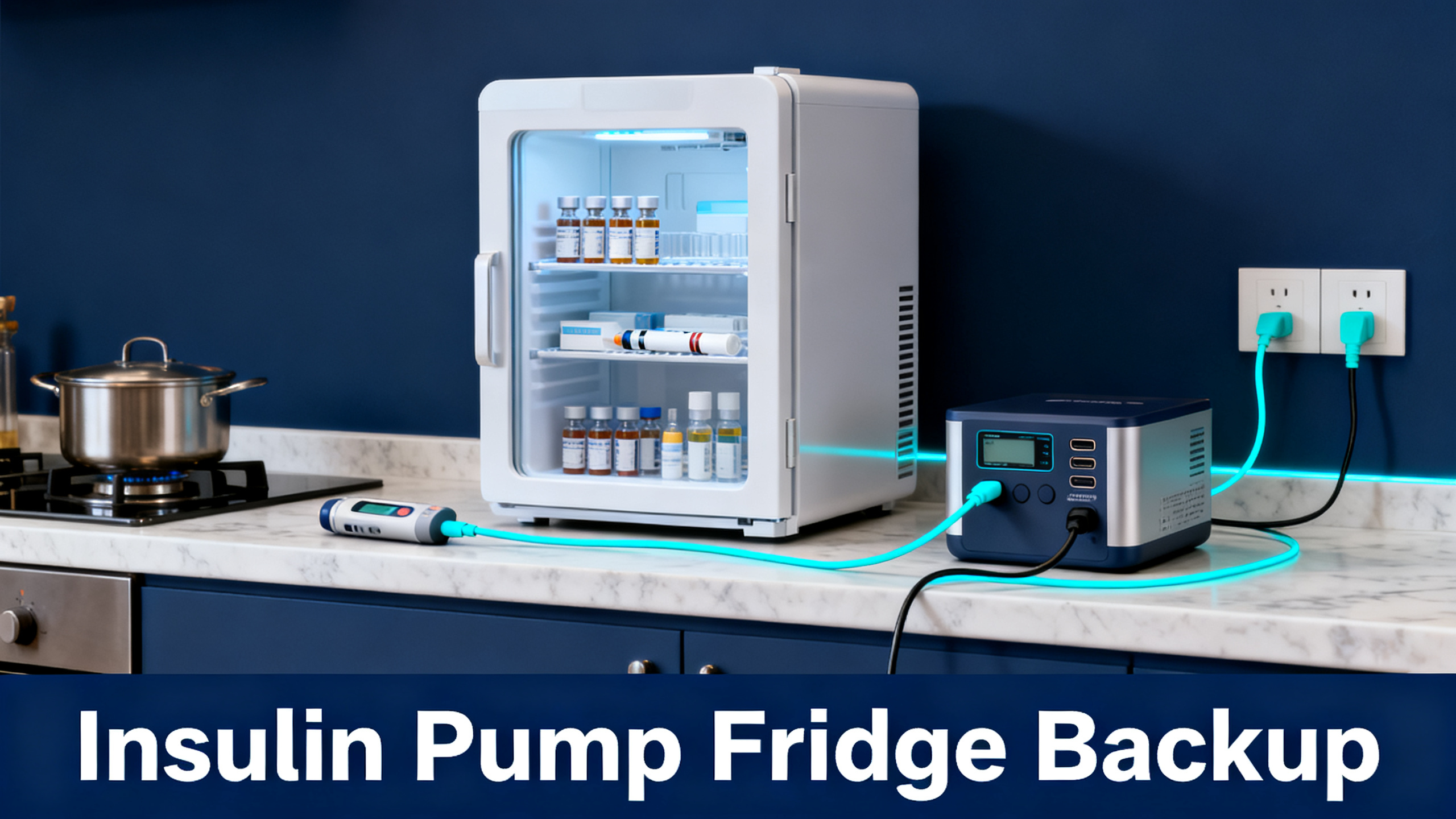 Realistic photograph of a medication mini fridge with vials and an insulin pump on a kitchen counter, both connected to a portable power station, navy blue ambiance, electric cyan accents, white bold text 'Insulin Pump Fridge Backup' on navy bar at bottom.