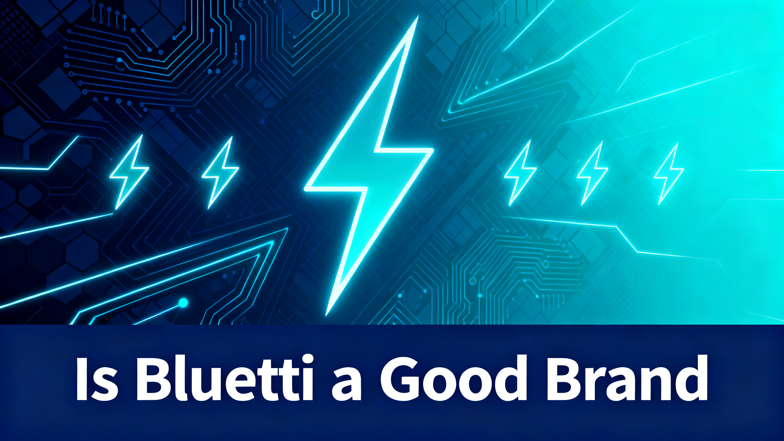 BLUETTI brand analysis hero image with navy blue to electric cyan gradient background and premium tech aesthetic