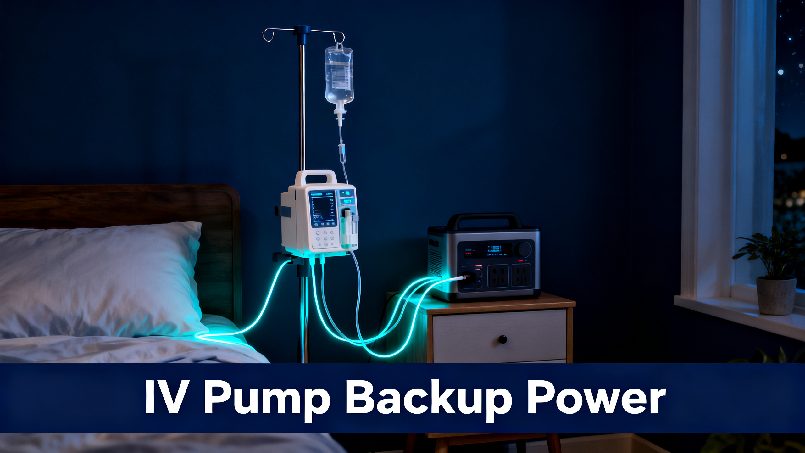 Realistic photograph of an IV infusion pump with hanging IV bag and tubing connected to a portable power station on a bedside table, navy blue ambiance, electric cyan accents, white bold text 'IV Pump Backup Power' on navy bar at bottom.