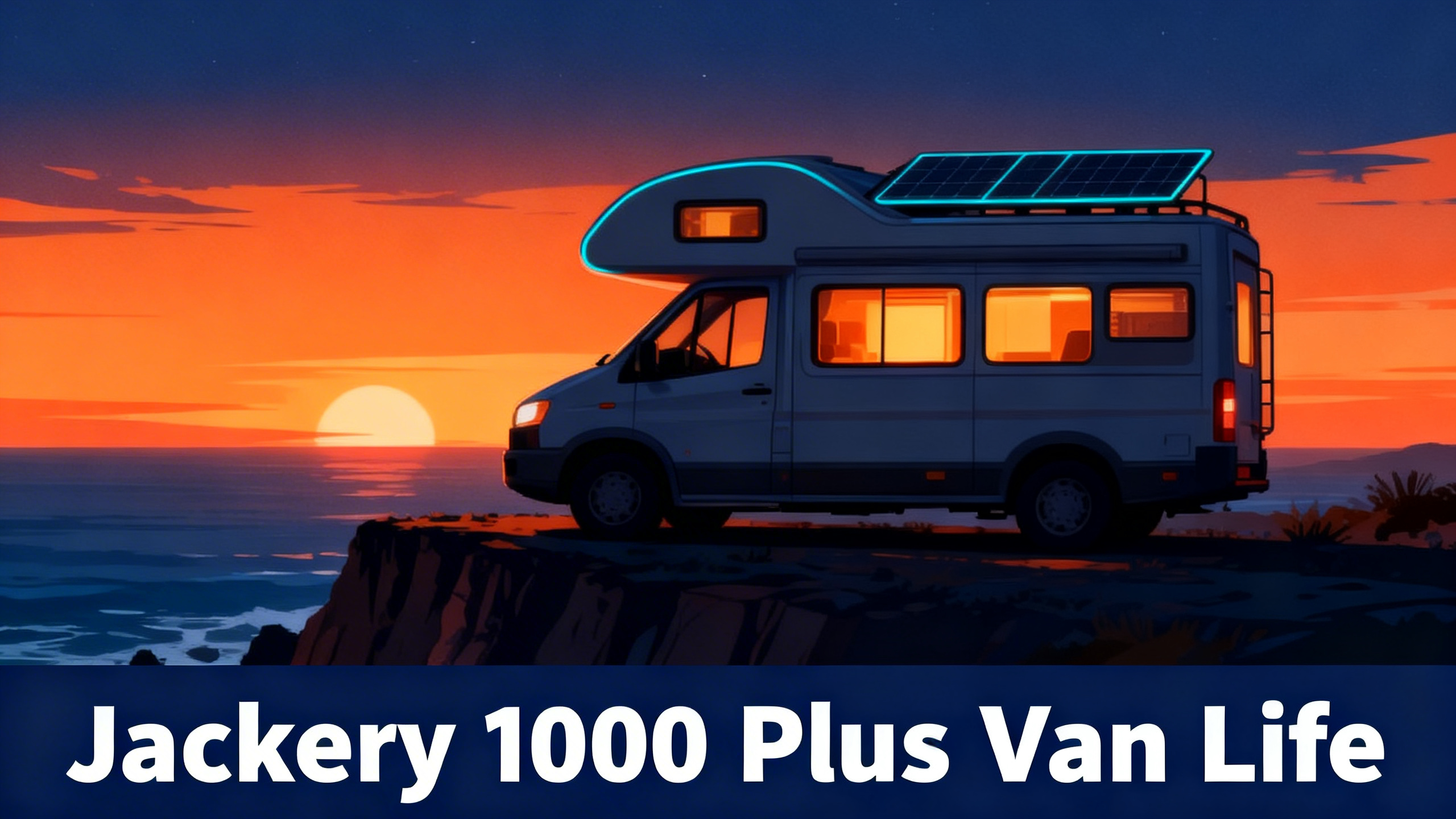 Stylized camper van illustration at sunset with solar panels, and white text reading Jackery 1000 Plus Van Life.