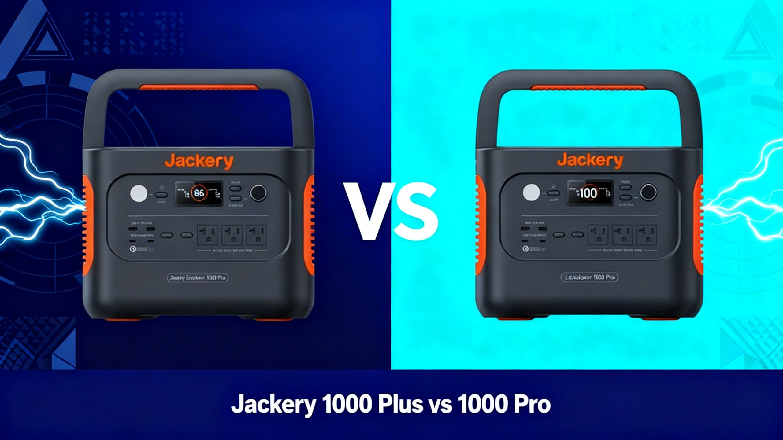 Split design hero image with navy blue gradient on left, electric cyan gradient on right, VS text in center, and white text reading Jackery 1000 Plus vs 1000 Pro.