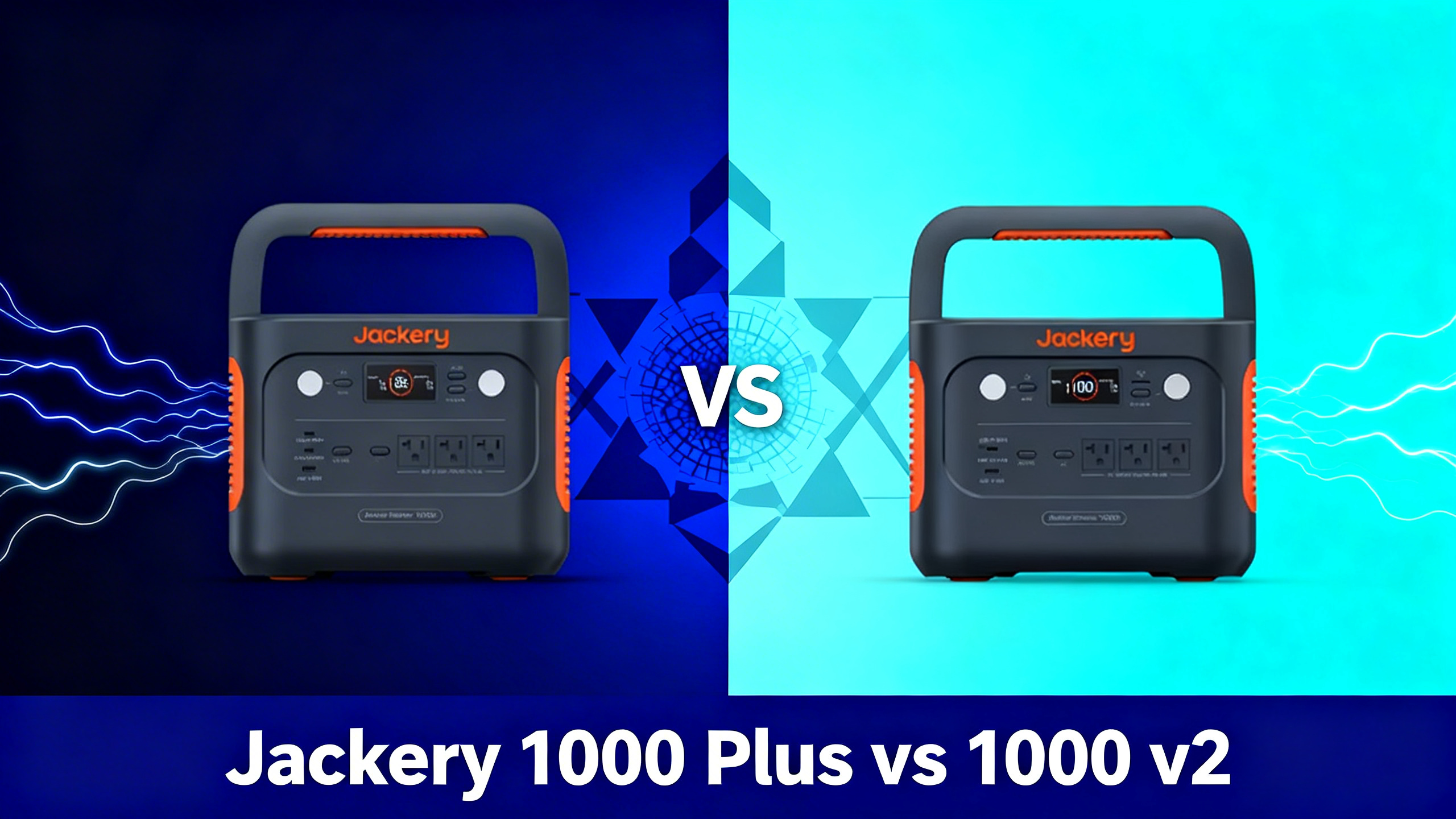 Split design hero image with navy blue gradient on left, electric cyan gradient on right, VS text in center, and white text reading Jackery 1000 Plus vs 1000 v2.