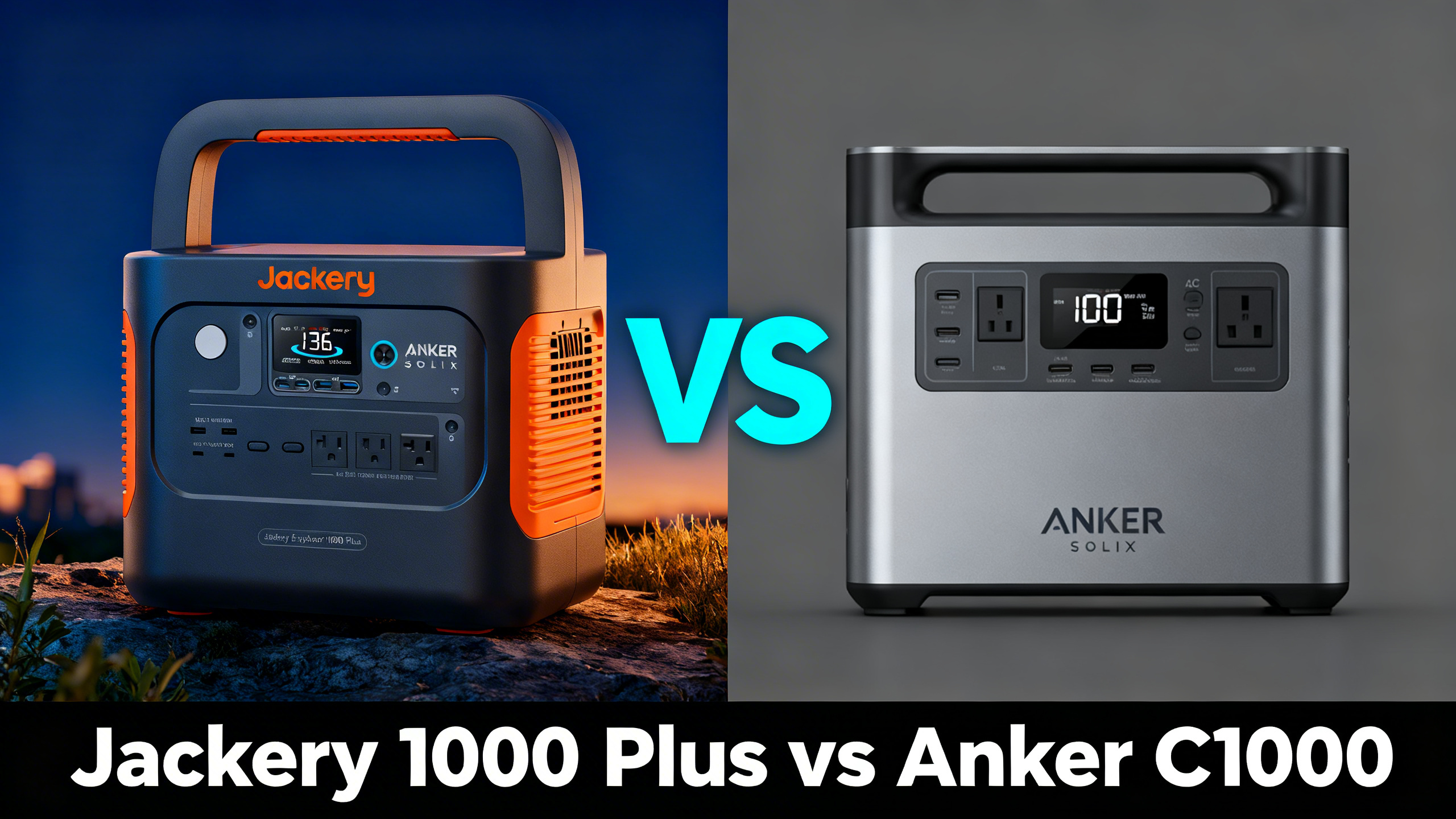 Split design hero with Jackery on left and Anker on right, VS text, reading Jackery 1000 Plus vs Anker C1000.