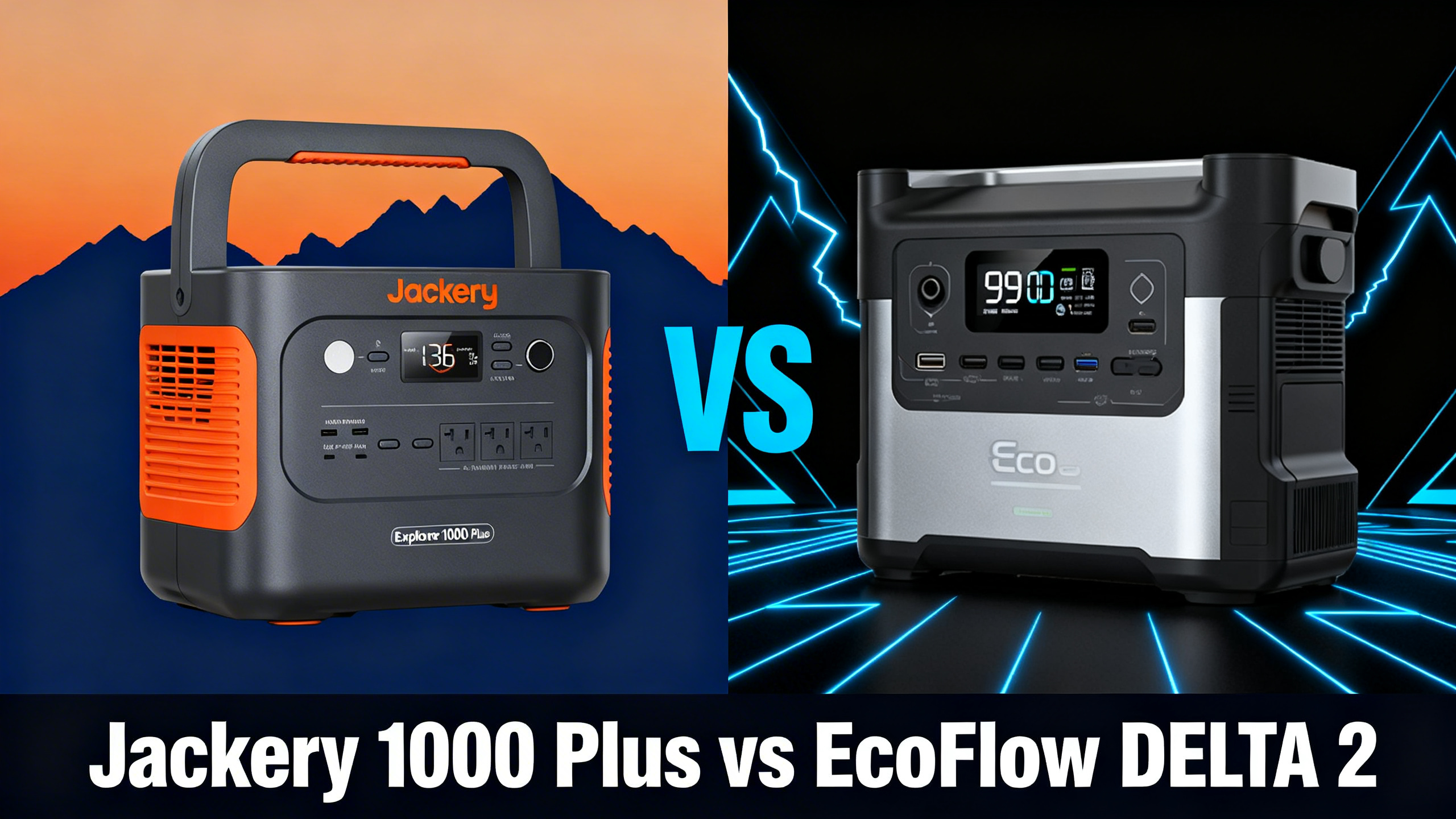 Split design hero with Jackery on left and EcoFlow on right, VS text, reading Jackery 1000 Plus vs EcoFlow DELTA 2.