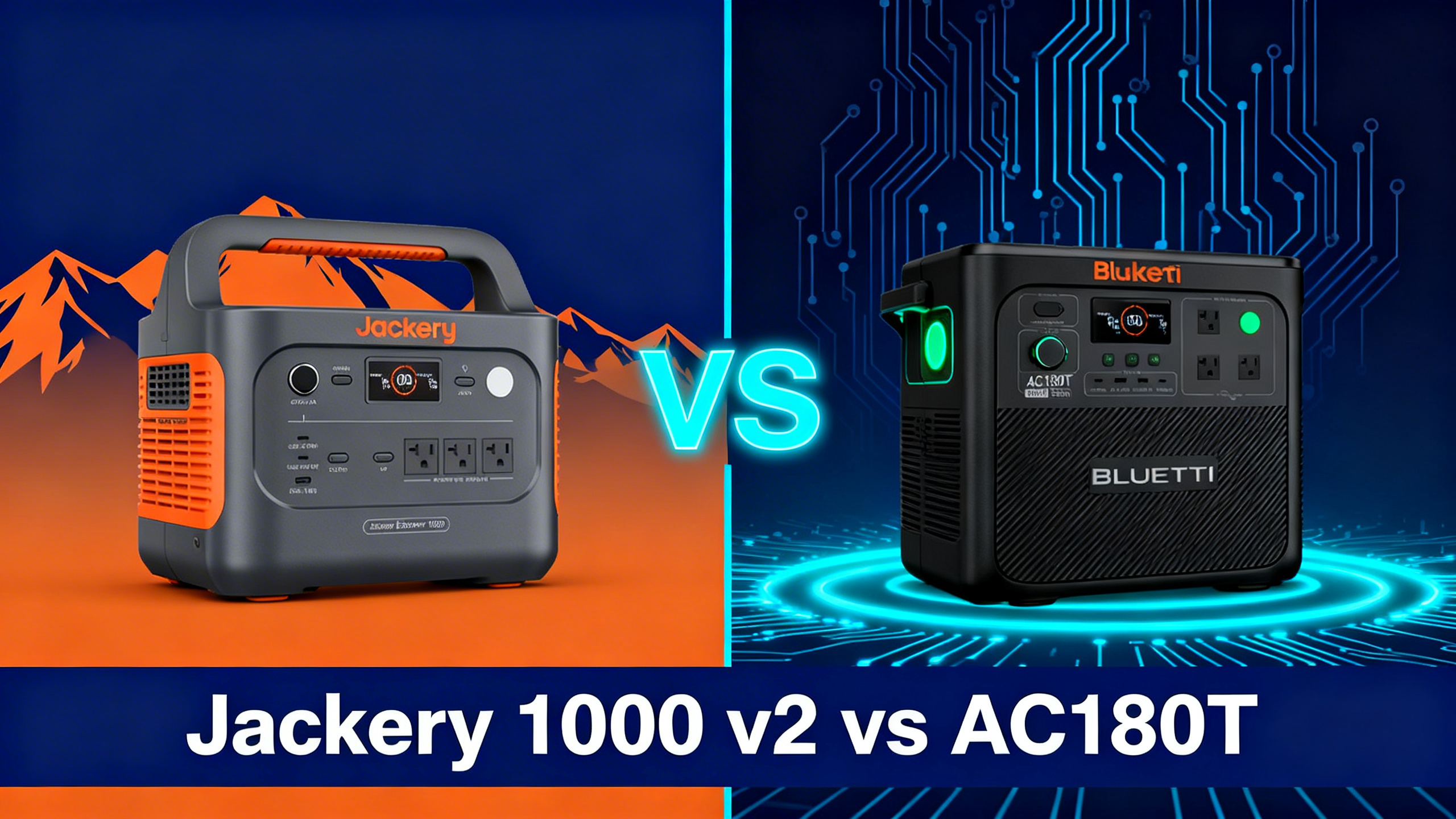 Split-design illustration comparing Jackery Explorer 1000 v2 and Bluetti AC180T mid-range power stations on navy blue and cyan background